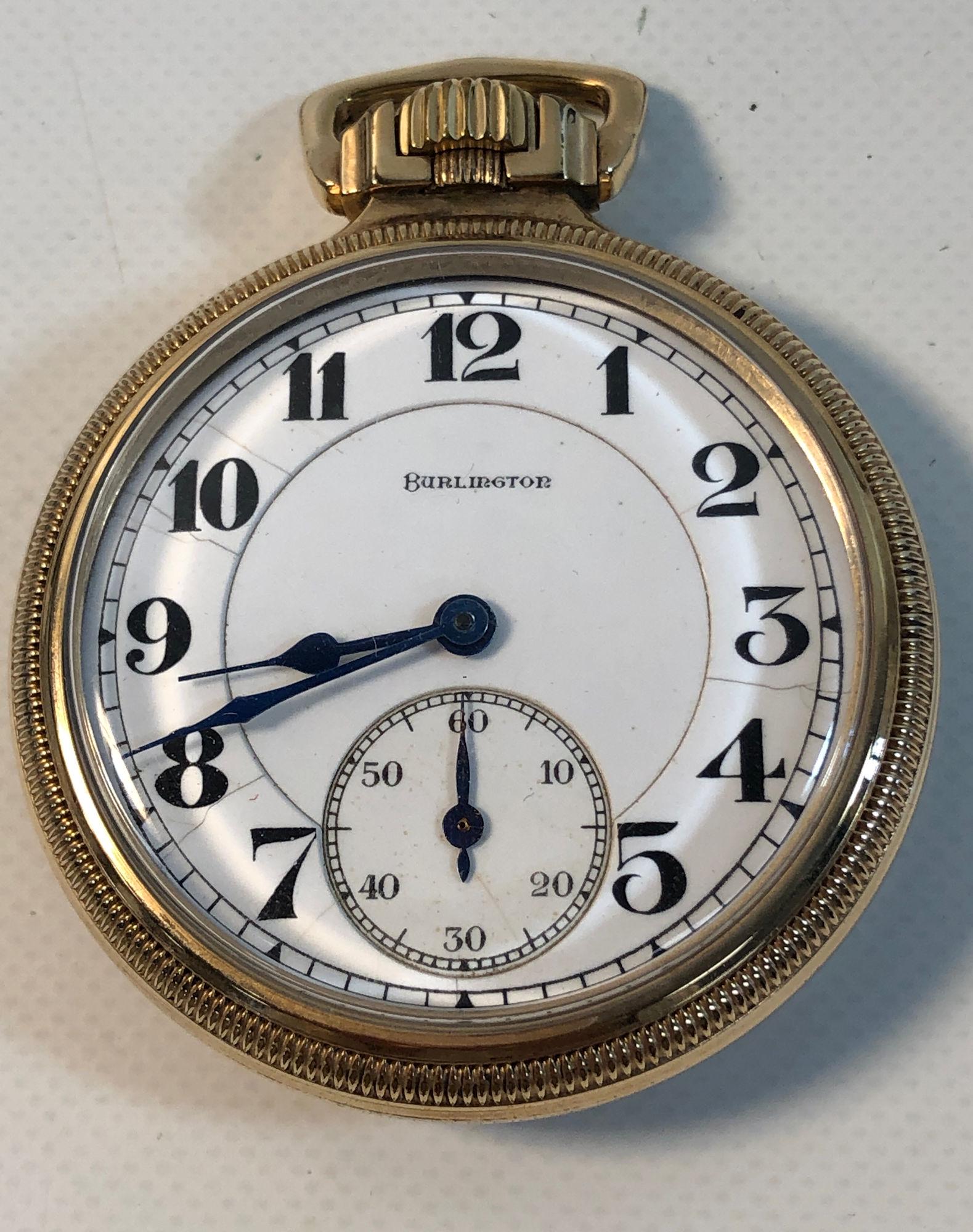 BURLINGTON POCKET WATCH: BURLINGTON POCKET WATCH ~ 10KT GOLD FILLED CASE FROM KEYSTONE (1.875" DIAMETER). STEM SET. SCREWBACK CASE. WINDS/SETS/TICKS (AT TIME OF LISTING). 21-JEWEL DOUBLE ROLLER MOVEMENT NUMBERED 3159902. WHIT