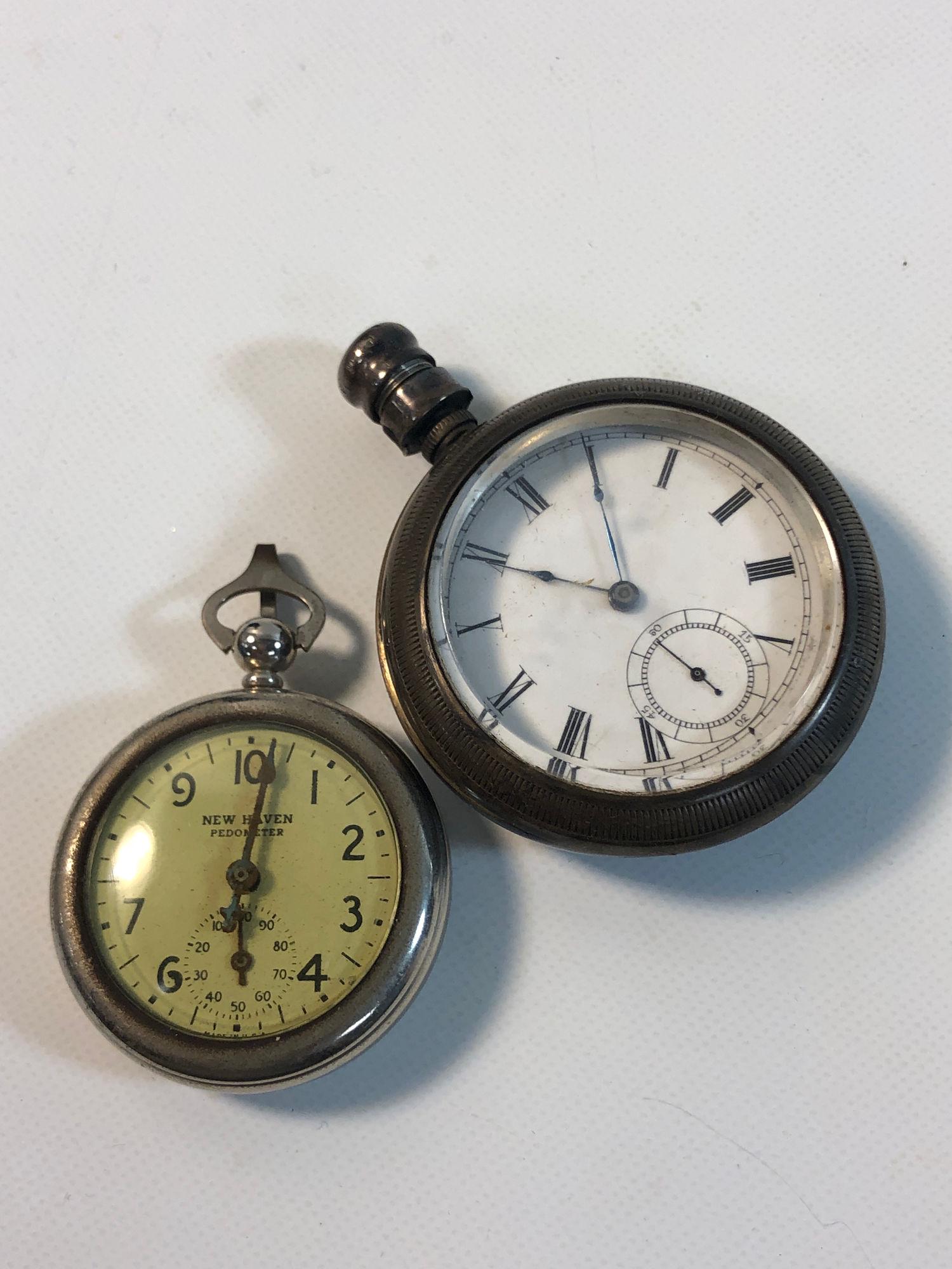POCKET WATCH AND VINTAGE PEDOMETER: POCKET WATCH AND VINTAGE PEDOMETER ~ PEDOMETER FROM "NEW HAVEN" W/OFF-WHITE FACE AND 10-COUNT FACE (WORN HANDS) (CONDITION UNKNOWN). WALTHAM FRONT OPEN POCKET WATCH WITH HINGED COIN SILVER CASE (ENTIR