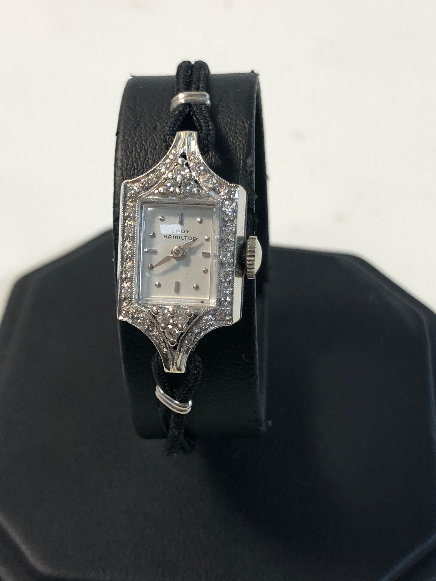VINTAGE 14KT WHITE GOLD AND DIAMOND LADY HAMILTON WRIST (1 of 8)
