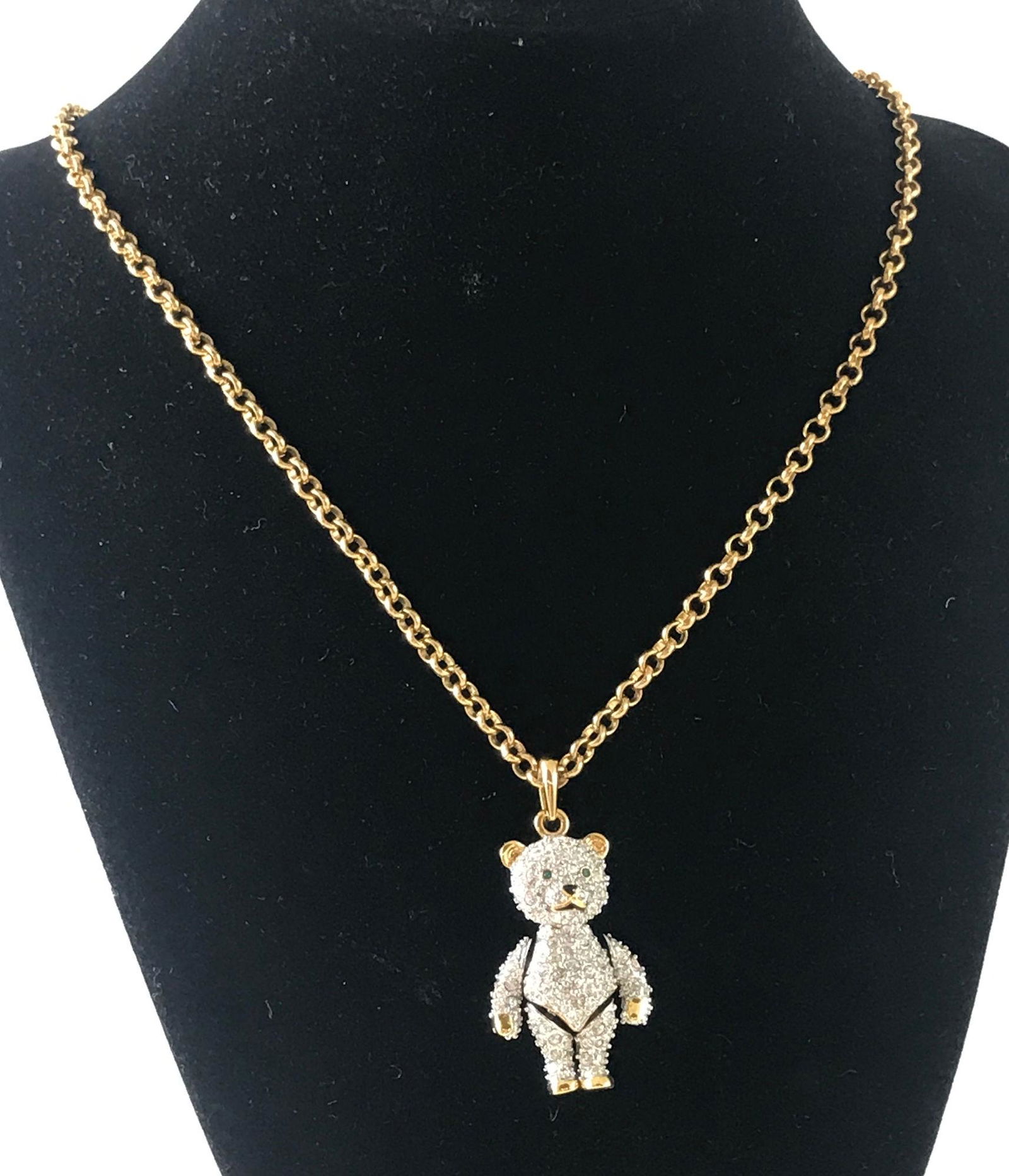 SWAROVSKI CRYSTAL NECKLACE: SWAROVSKI CRYSTAL NECKLACE ~ 20" GOLD TONE CABLE LINK NECKLACE 1.75" GOLD TONE ANATOMIC BEAR PENDANT ADORNED WITH CLEAR CRYSTALS, GREEN CRYSTAL EYES