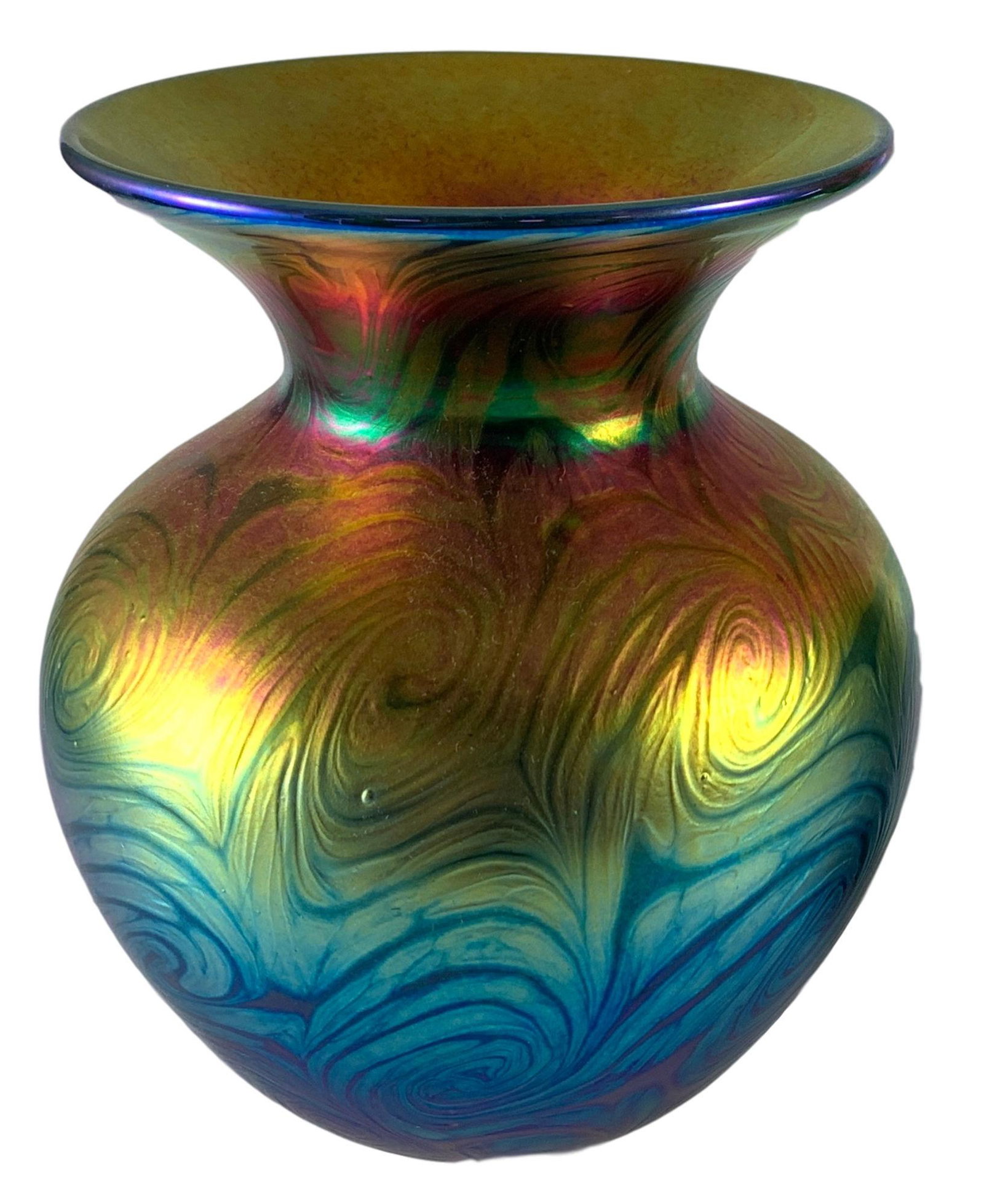LUNDBERG STUDIO VAN GOGH SUNSET HEART VASE, 7" TALL: LUNDBERG STUDIO VAN GOGH SUNSET HEART VASE, 7" TALL