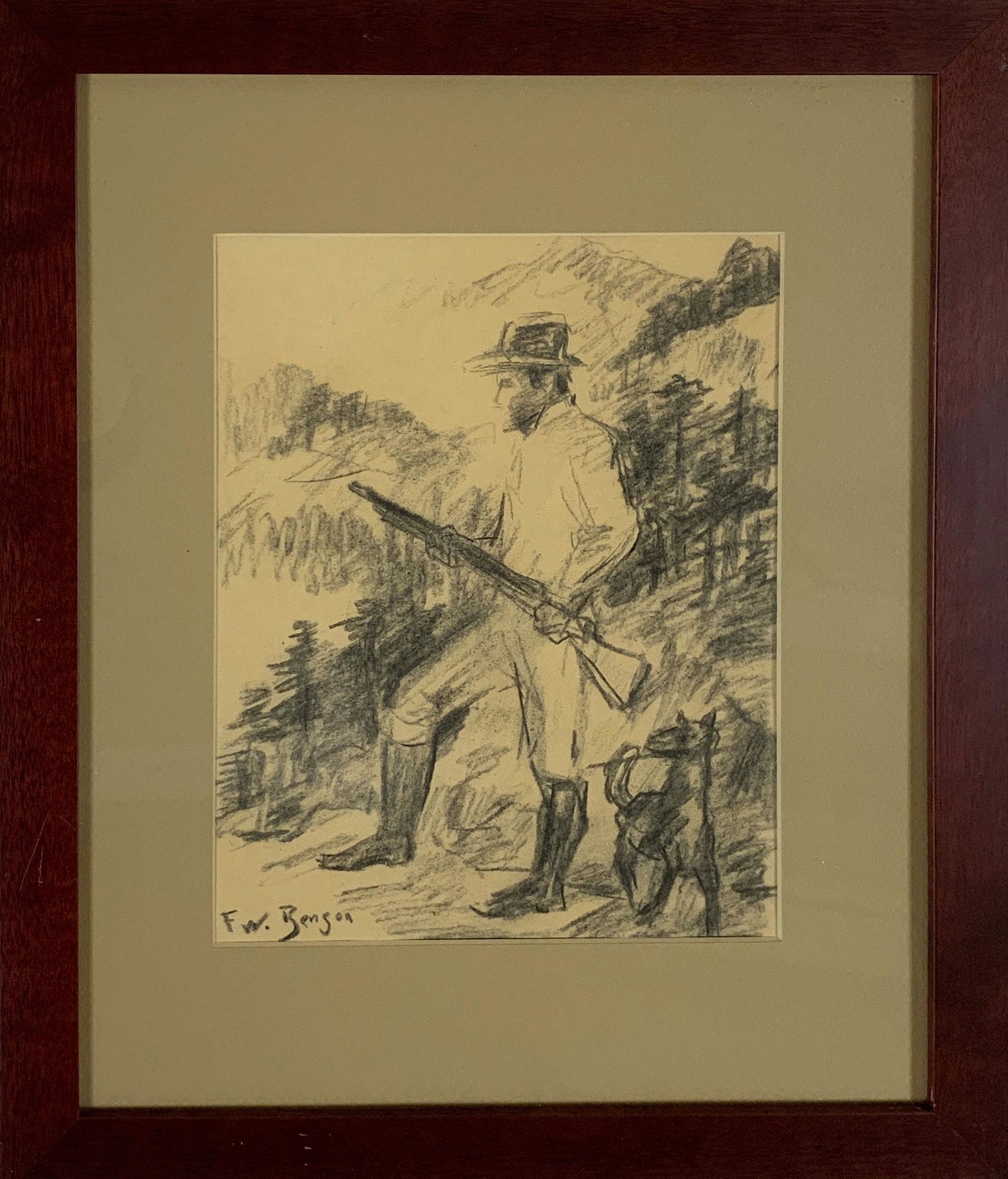 FRANK W BENSON (AMERICAN 1862-1951) CHARCOAL ON PAPER: FRANK W BENSON (AMERICAN 1862-1951) CHARCOAL ON PAPER OF HUNTER. SIGNED LOWER LEFT. IMAGE SIZE 8.5" X 11" . FRAMED SIZE 15" X 18"