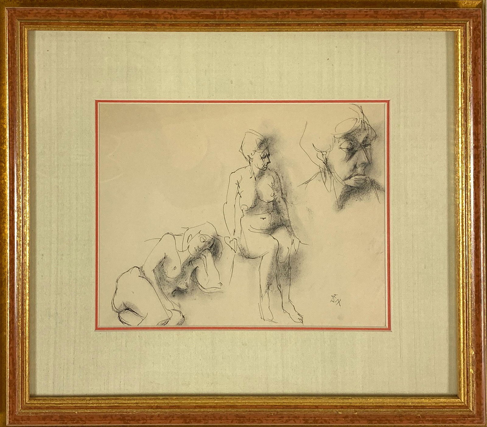 OTTO DIX (WILHELM HEINRICH OTTO DIX) (1891-1969): OTTO DIX (WILHELM HEINRICH OTTO DIX) (1891-1969) INK/CHARCOAL ON PAPER "STUDIES OF A NUDE". SIGNED LOWER RIGHT. IMAGE SIZE 8.5" X 11". FRAMED SIZE 17" X 19.5"