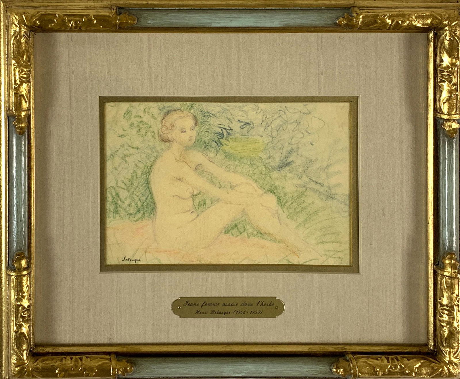 HENRI LEBASQUE (FRENCH, 1865-1937) CRAYON ON PAPER,: HENRI LEBASQUE (FRENCH, 1865-1937) CRAYON ON PAPER, SEATED NUDE "JEUNE FEMME ASSISE DANS L'HERBE" IN FRAME WITH BRASS PLAQUE. IMAGE SIZE 5" X 7.5". FRAMED SIZE 12" X 14"