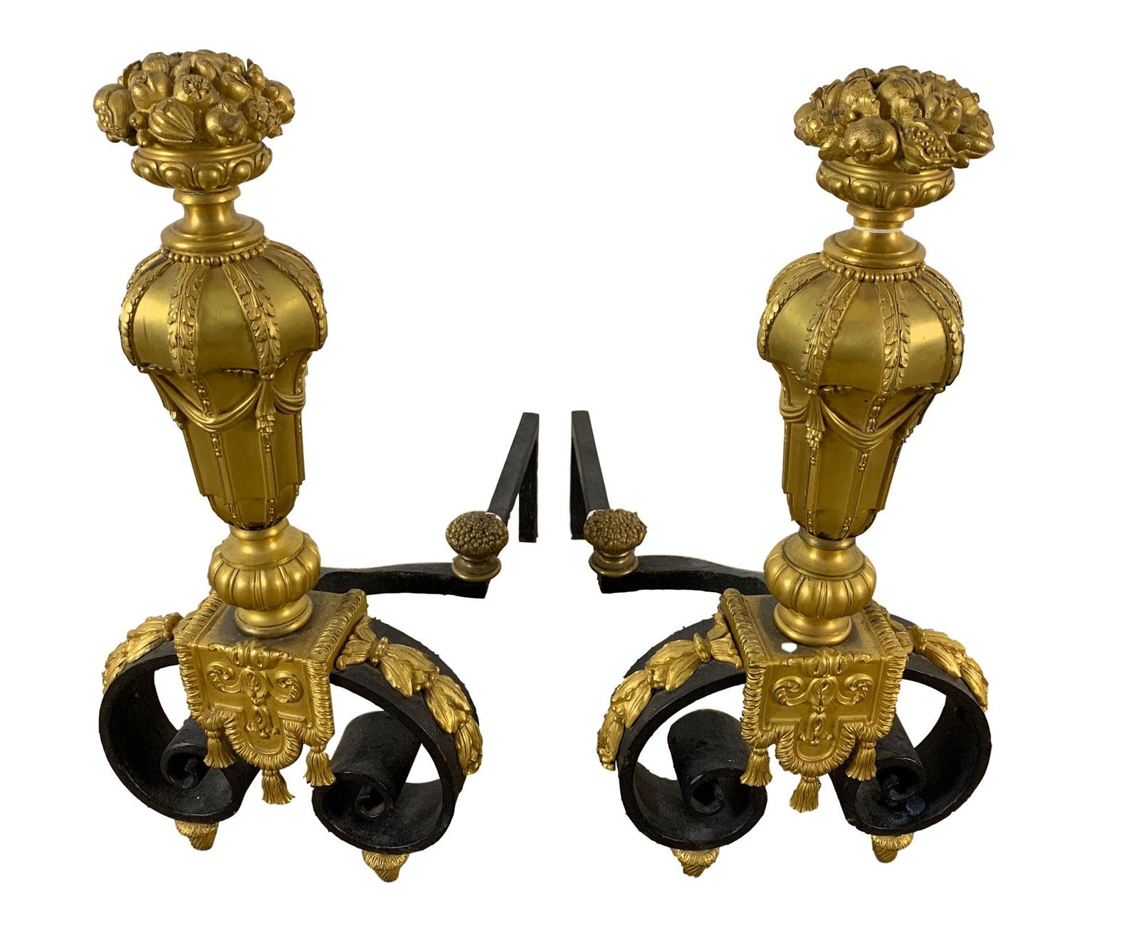 PAIR CAST IRON AND BRASS ANDIRONS, 22" HIGH (1 of 1)