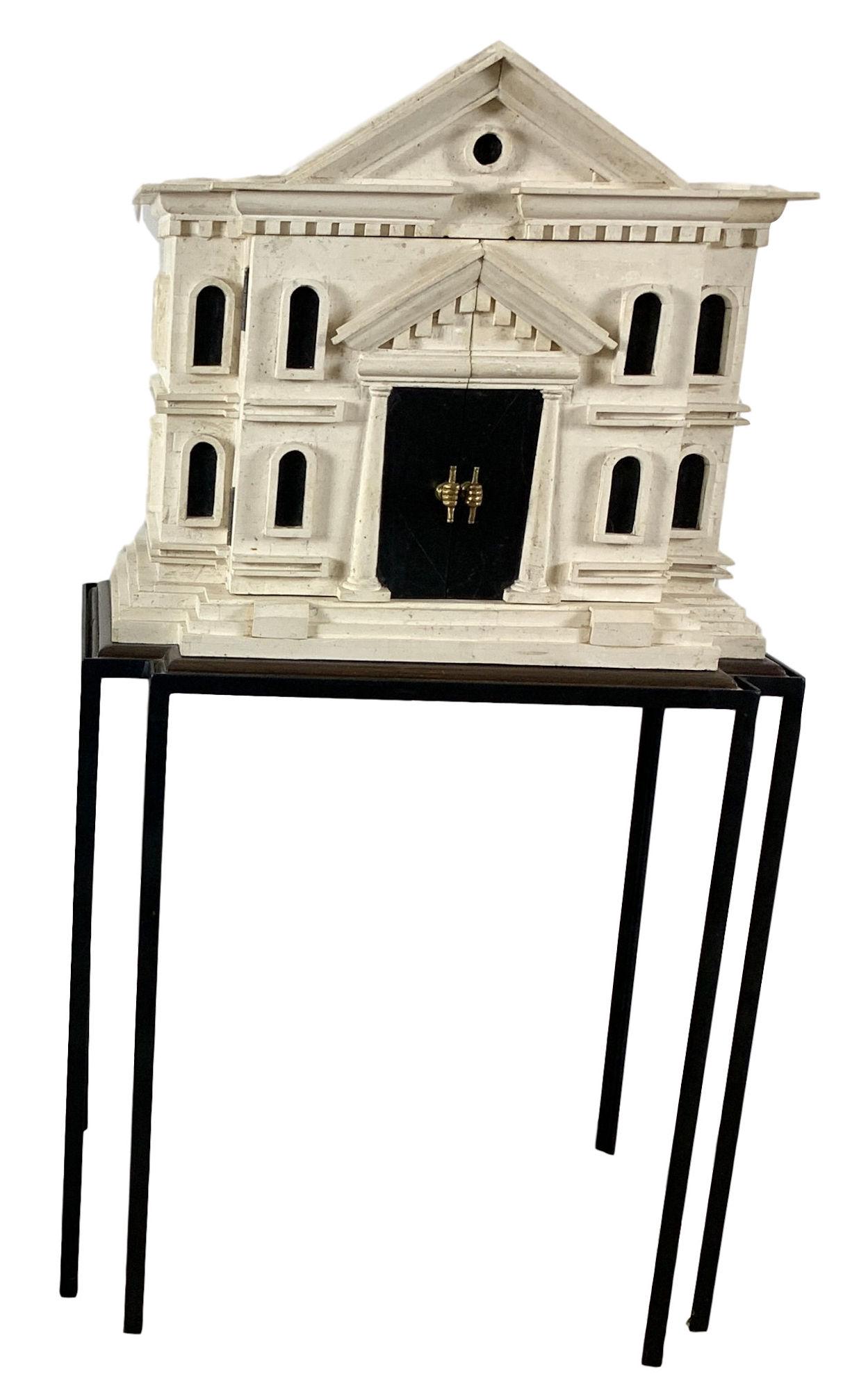 MAITLAND-SMITH TRAVERTINE PALLADIAN STYLE VILLA CABINET: MAITLAND-SMITH TRAVERTINE PALLADIAN STYLE VILLA CABINET ON METAL AND IRON BASE, 18" X 12.5" X 33"