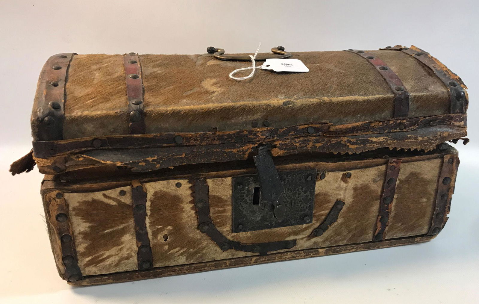 CHILD'S HIDE COVERED STEAMER TRUNK 15". WITH EARLY (1 of 2)