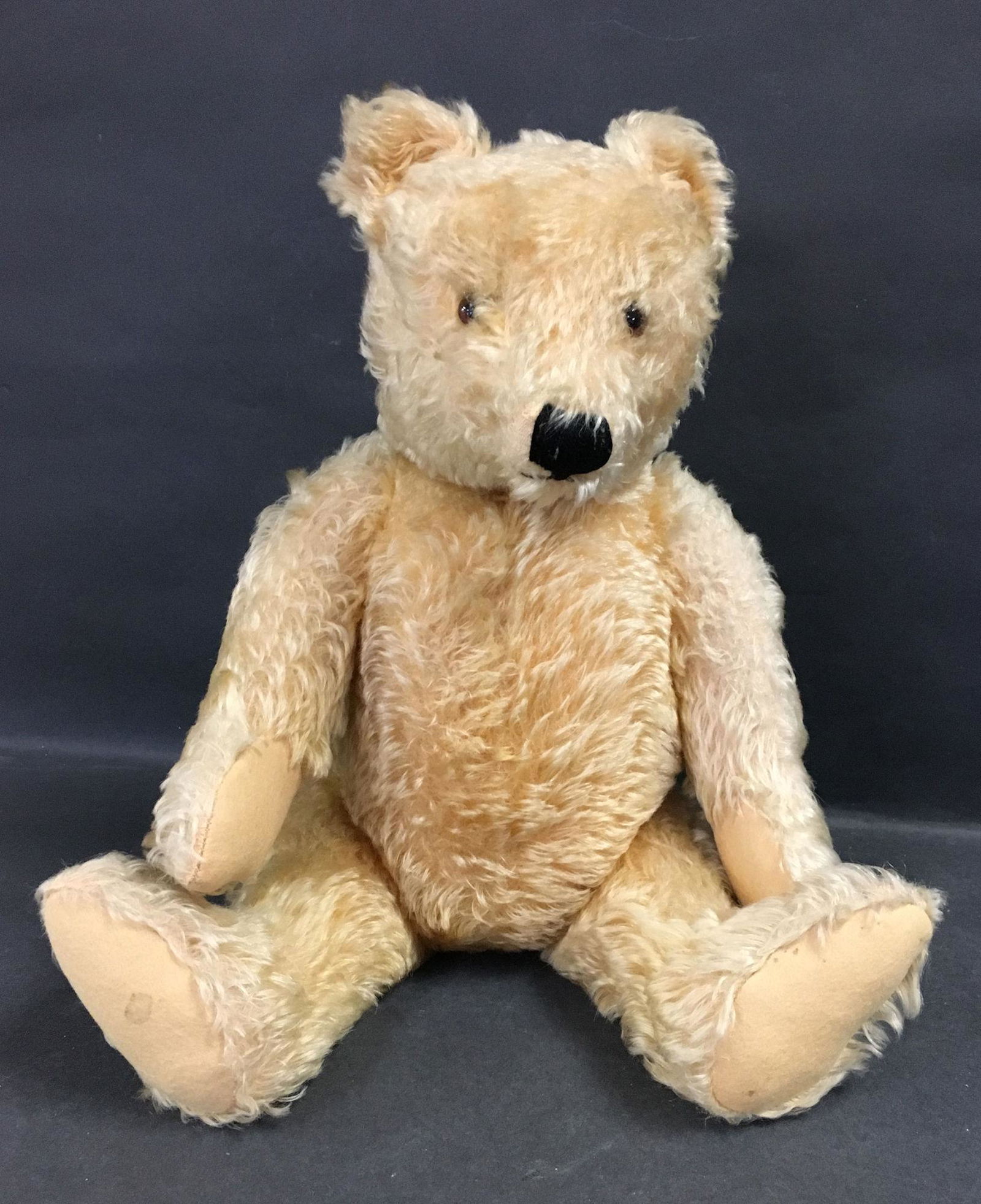 20" GOLD MOHAIR TEDDY BEAR. GLASS EYES, STITCHED NOSE, (1 of 2)
