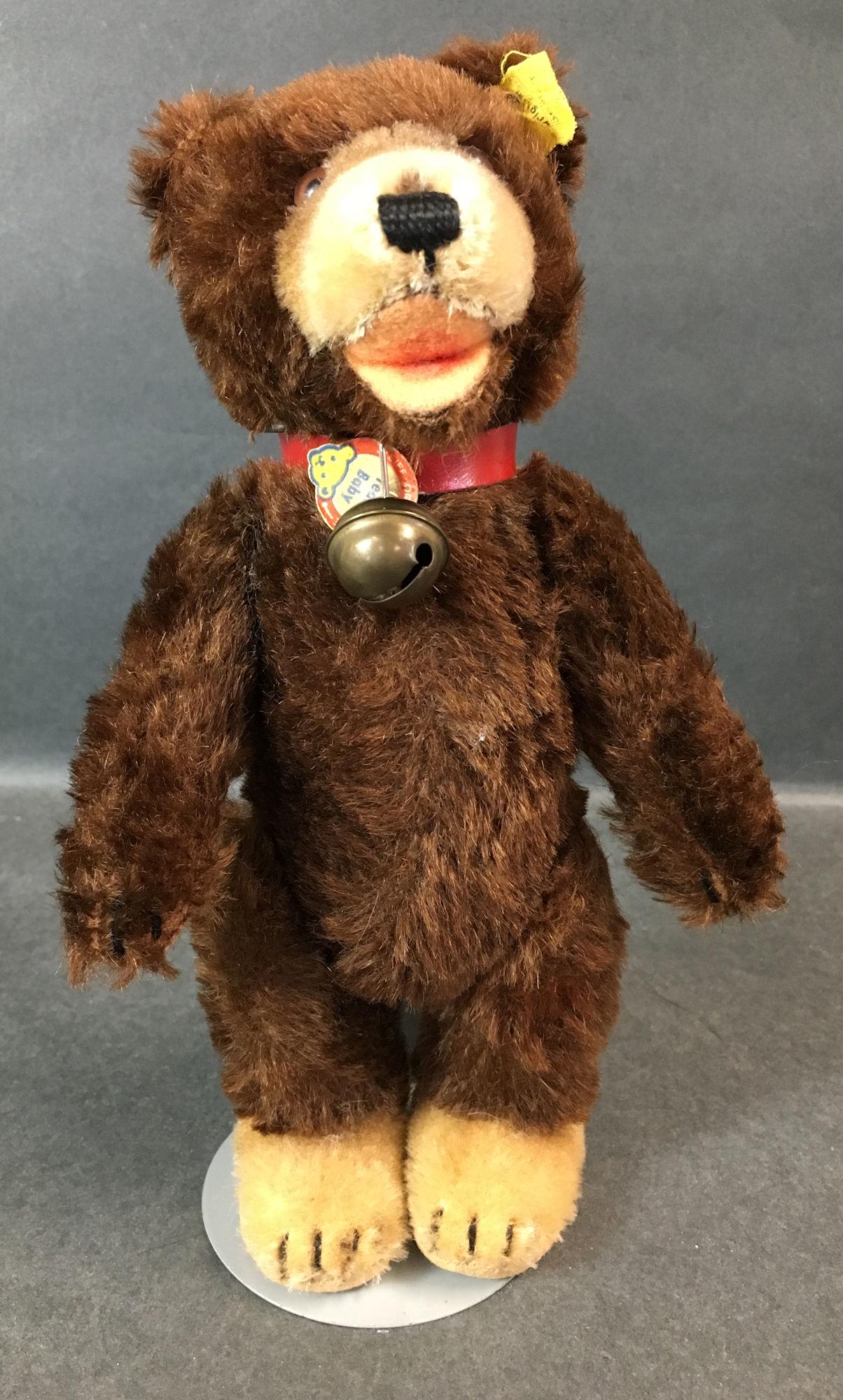STEIFF MOHAIR TEDDY BABY MADE IN U.S. ZONE GERMANY.: STEIFF MOHAIR TEDDY BABY MADE IN U.S. ZONE GERMANY. DISK JOINTED HEAD, SHOULDERS AND HIPS, APPLIED EARS, GLASS EYES, BLONDE MOHAIR SNOUT WITH STITCHED NOSE AND OPEN MOUTH, BEIGE PAW PADS, BLONDE MOHAI