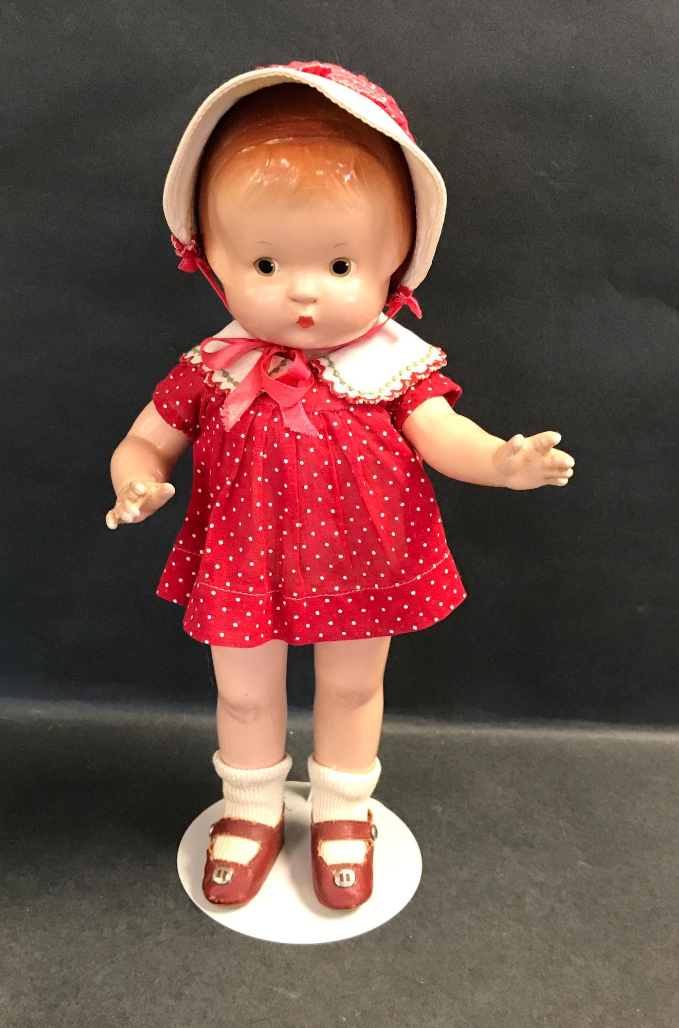 13" COMPOSITION EFFANBEE "PATSY" DOLL; PAINTED EYES,: 13" COMPOSITION EFFANBEE "PATSY" DOLL; PAINTED EYES, WEARING VINTAGE RED POLKA DOT DRESS AND BONNET. VINTAGE RED LEATHER SIDE-SNAP SHOES.