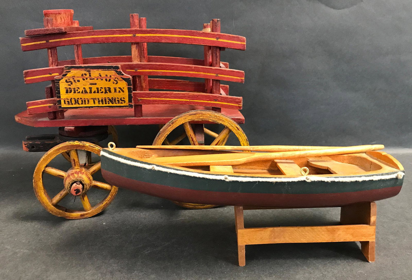 DOLL SIZE WOOD WAGON MARKED "ST. CLAUS, DEALER IN GOOD (1 of 2)