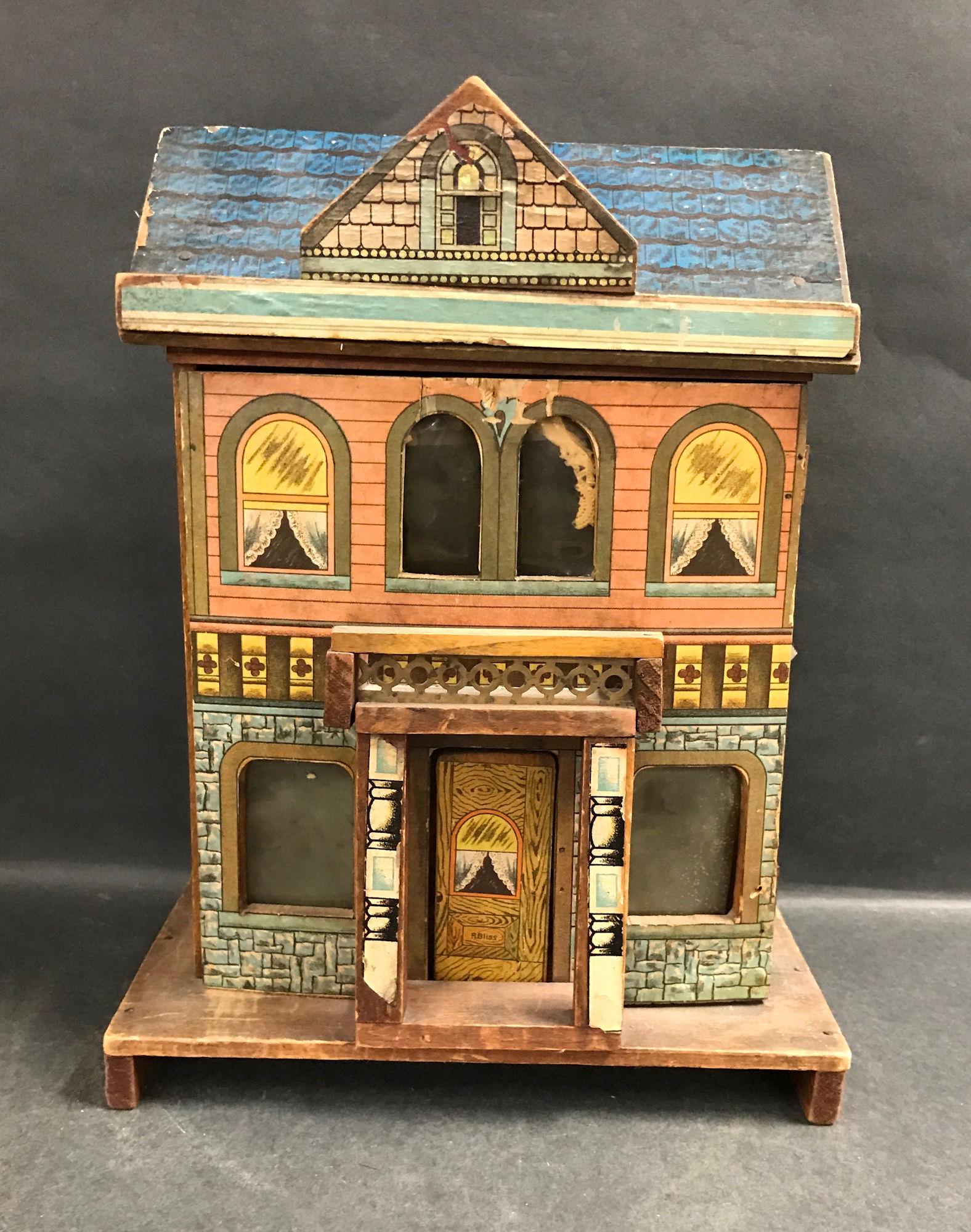 BLISS BLUE ROOF DOLL HOUSE. LITHOGRAPHED PAPER ON WOOD, (1 of 6)