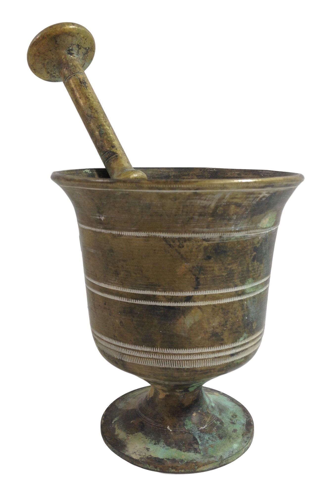 BRASS CONFEDERATE STATES OF AMERICA MORTAR AND PESTLE: BRASS CONFEDERATE STATES OF AMERICA MORTAR AND PESTLE DATED 1863. SEE PHOTO FOR INCISED MARK ON BOTTOM