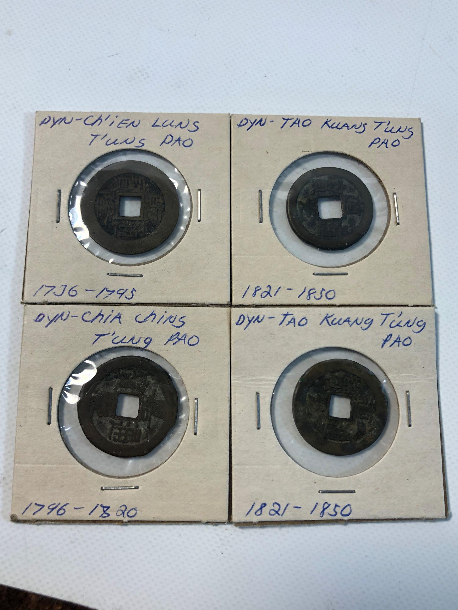 LOT OF ANTIQUE CHINESE COINS/TOKENS: LOT OF ANTIQUE CHINESE COINS/TOKENS ~ FROM THE 1700'S AND 1800'S. CHIA, KUANG, AND CH'IEN T'UNG PAOS. FOUR TOTAL. NOT GRADED. IN SLEEVES.