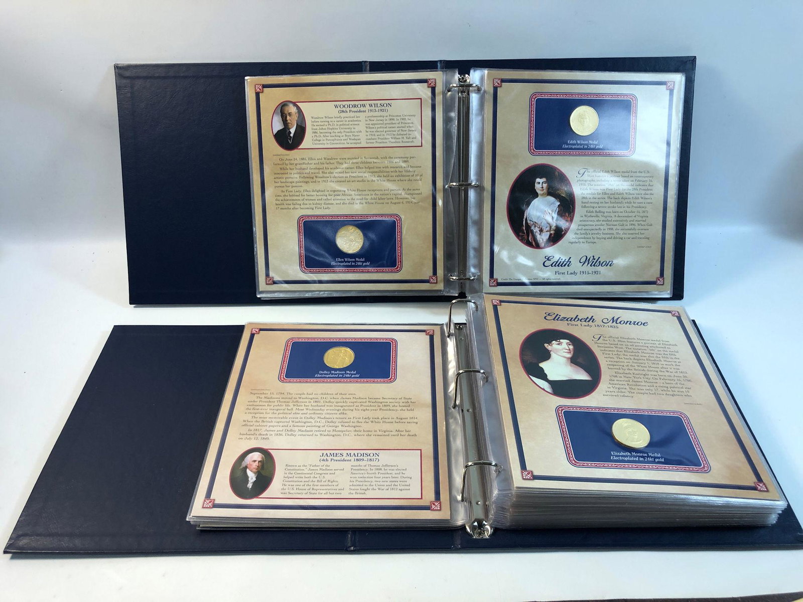 UNITED STATES FIRST LADY MEDALS IN ALBUMS: UNITED STATES FIRST LADY MEDALS IN ALBUMS ~ FROM THE POSTAL COMMEMORATIVE SOCIETY. MOSTLY COMPLETE ALBUM(S) JUST MISSING SOME LATER DATE MEDALS. 24KT GOLD ELECTROPLATED MEDALS FT. PORTRAITS OF UNITED 