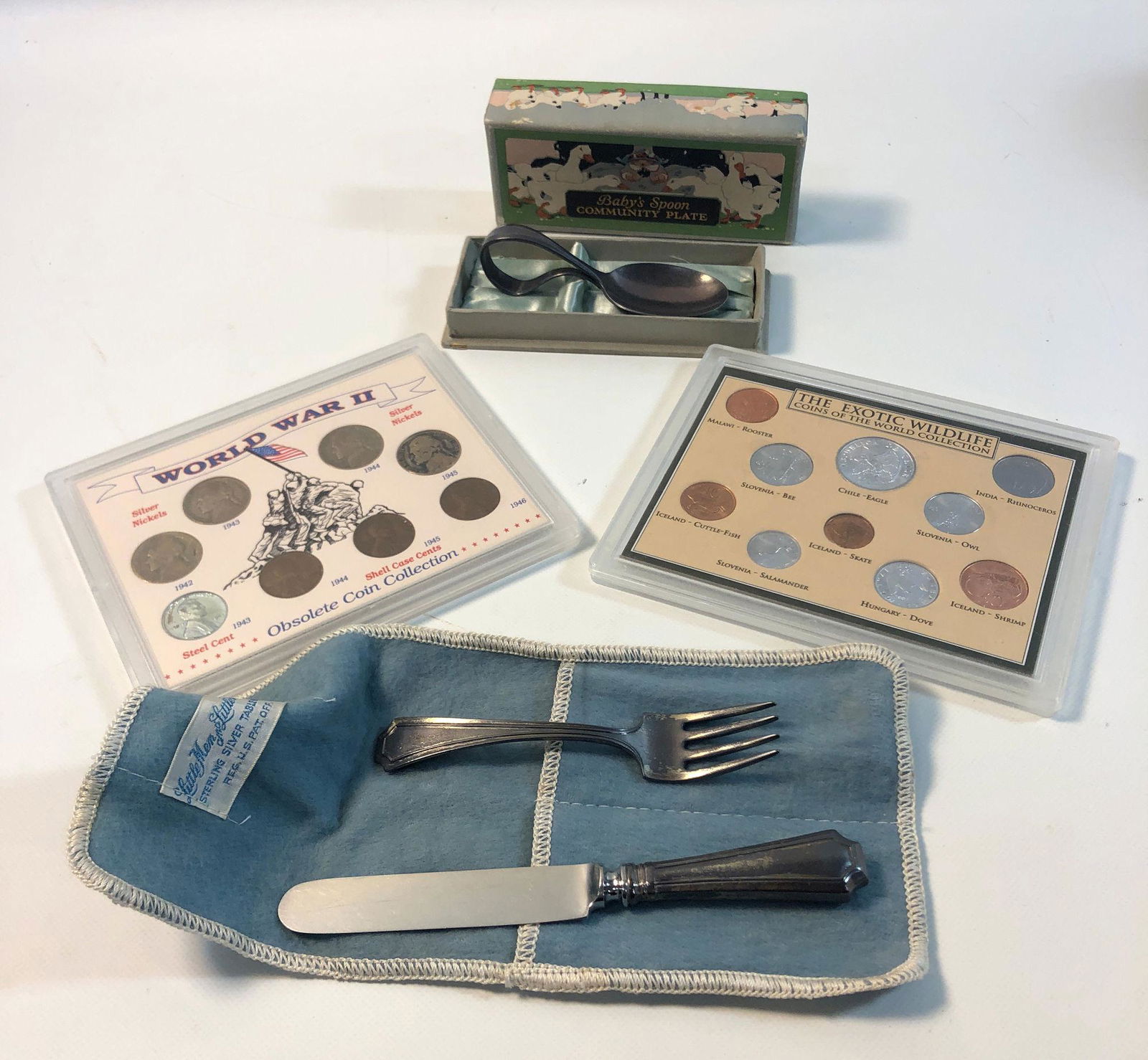 LOT OF COINS AND VINTAGE CHILD'S FLATWARE (1 of 8)