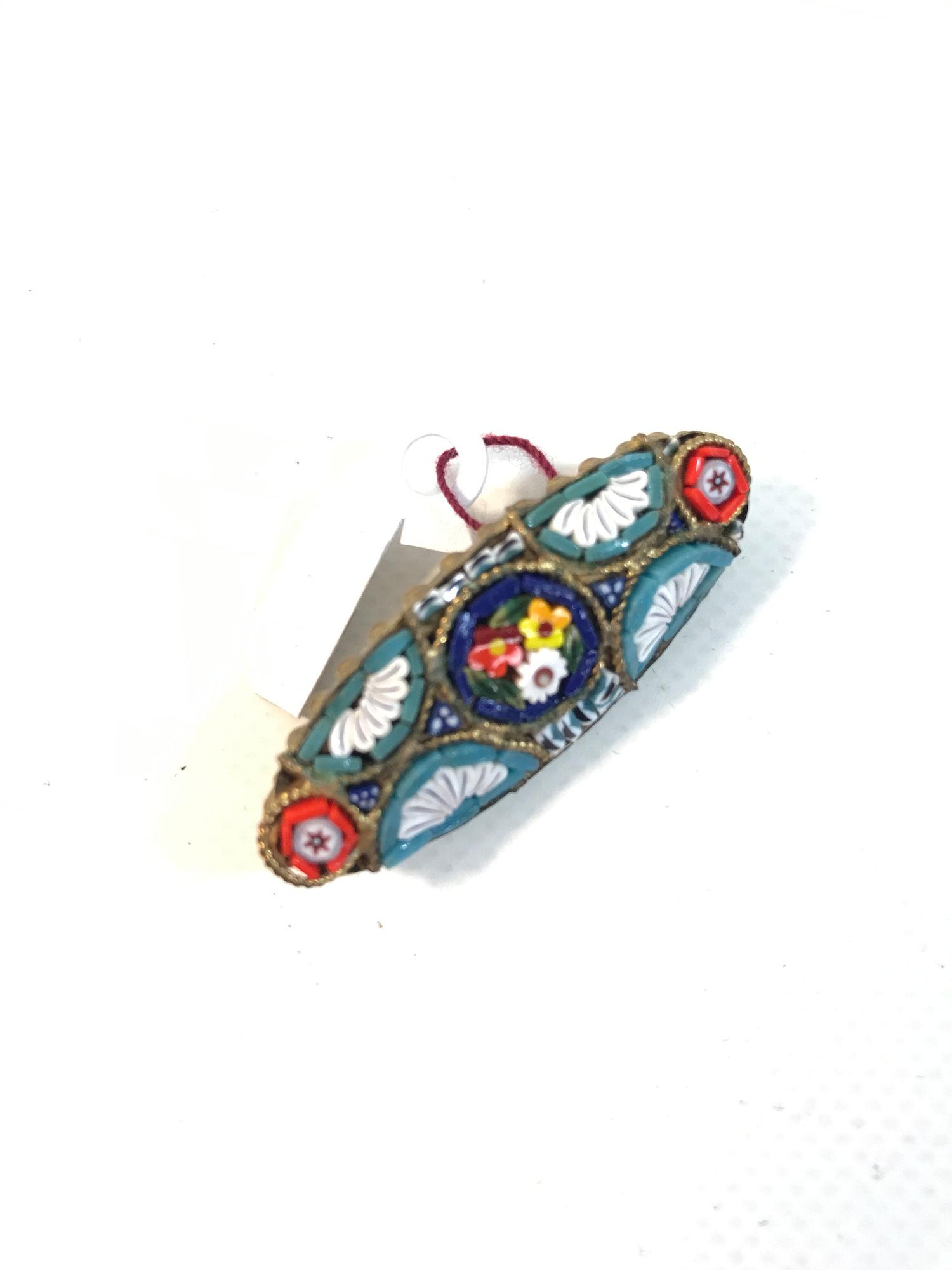 MICRO MOSAIC PIN: MICRO MOSAIC PIN ~ 1.5" ITALIAN MADE MICRO MOSAIC PIN, OVAL SHAPE W/ MULTI COLORED FLORAL DESIGN