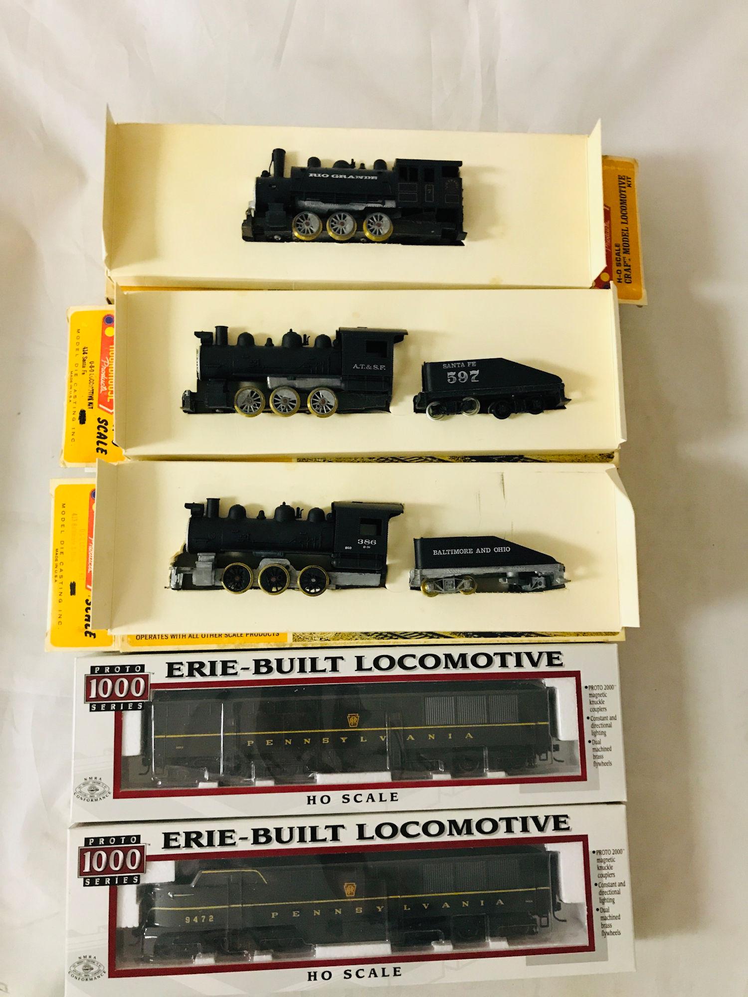 LOT 5 HO GAUGE LOCOMOTIVES INCLUDING 2 PROTO SERIES: LOT 5 HO GAUGE LOCOMOTIVES INCLUDING 2 PROTO SERIES 1000 ERIE-BUILT PRR 9472 A, B AND 3 ROUNDHOUSE LOCOMOTIVE KITS. NIB