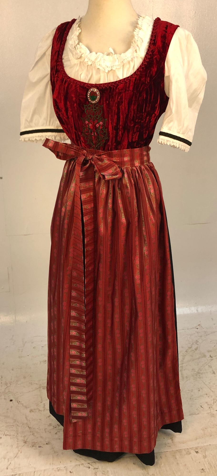 TRADITIONAL GERMAN DIRNDL: TRADITIONAL GERMAN DIRNDL ~ MADE BY SPORT ALM. SIZE 42. AUSTRIAN MADE. ROMANTIC DESIGN WITH CRUSHED RED VELVET BODICE FT. FLORAL EMBROIDERY AND RESIN FLORAL PIN (ON BODICE). COMPLETE SET INCL. BLOUSE,