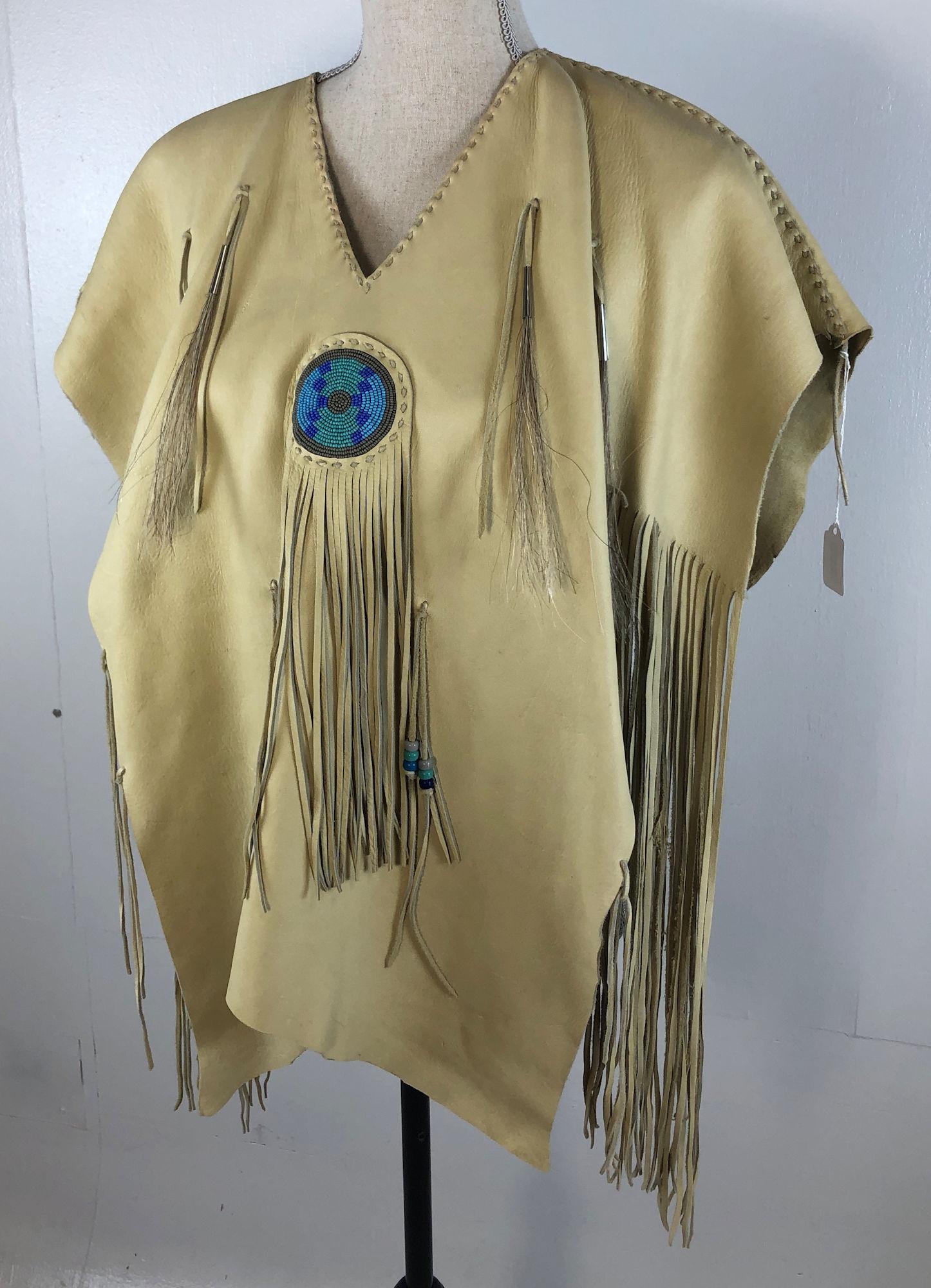 NATIVE AMERICAN BEADED & FRINGED TOP, 28" LENGTH FRONT: NATIVE AMERICAN BEADED & FRINGED TOP, 28" LENGTH FRONT FROM SHOULDER SEAM, GLASS BEAD AND HORSE HAIR ACCENTS.