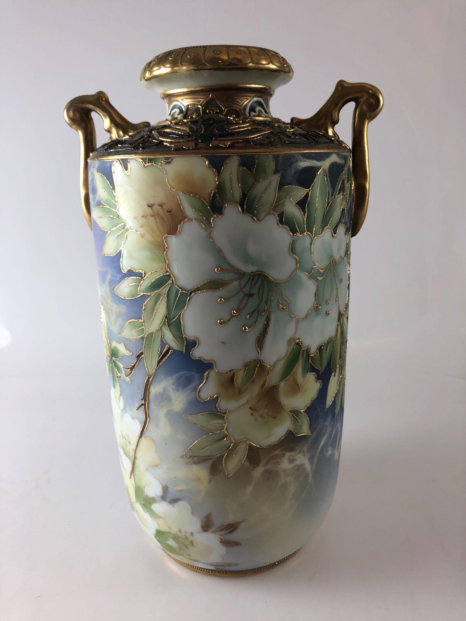 HAND PAINTED NIPPON TWO-HANDLED VASE 11": HAND PAINTED NIPPON TWO-HANDLED VASE 11"