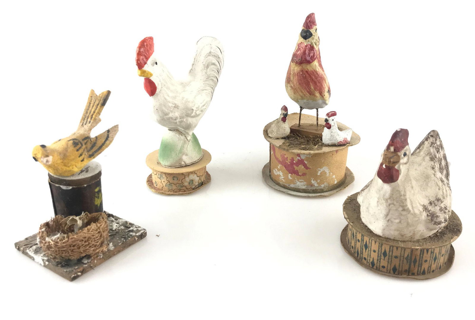 4 PAPIER MACHE CANDY CONTAINERS, CHICKENS AND BIRD.: 4 PAPIER MACHE CANDY CONTAINERS, CHICKENS AND BIRD. 3.5" -5" HIGH