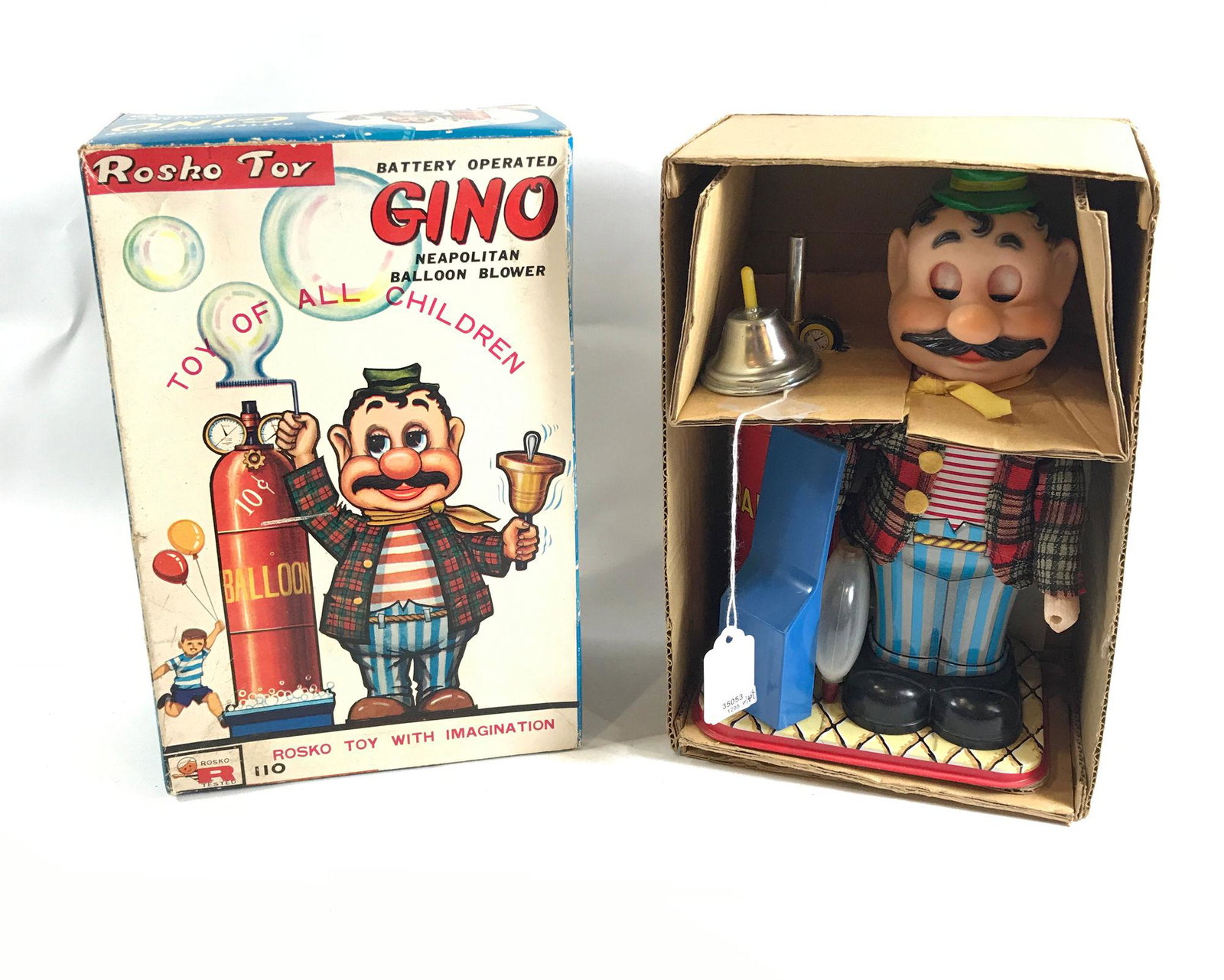 VINTAGE ROSKO TOY BATTERY OPERATED "GINO" NEAPOLITAN: VINTAGE ROSKO TOY BATTERY OPERATED "GINO" NEAPOLITAN BALLOON BLOWER, WITH ORIGINAL BOX, 10"