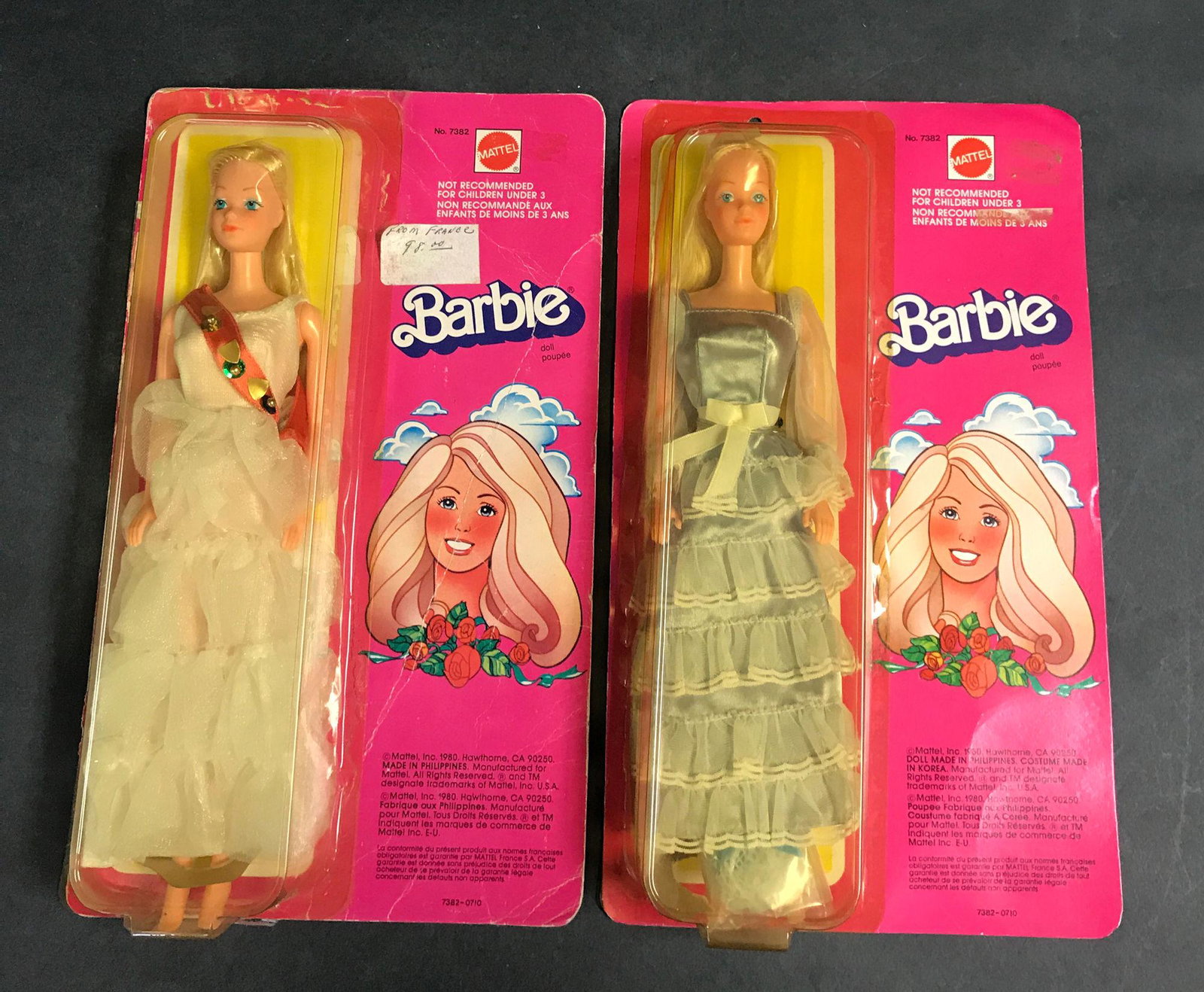 (2) VINTAGE NRFB 1980 BARBIES #7382 WITH STEFFIE FACE: (2) VINTAGE NRFB 1980 BARBIES #7382 WITH STEFFIE FACE MADE IN THE PHILIPPINES FOR THE FOREIGN/CANADIAN MARKET INCLUDING PRINCESS AND BARBIE IN BLUE RUFFLE DRESS.