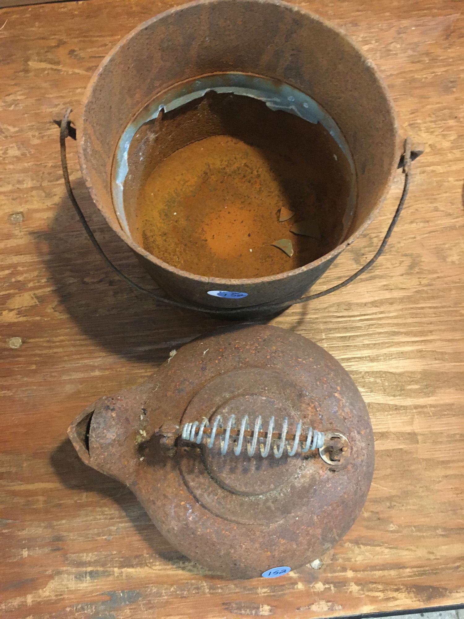 CAST IRON TEA KETTLE AND BUCKET: CAST IRON TEA KETTLE AND BUCKET