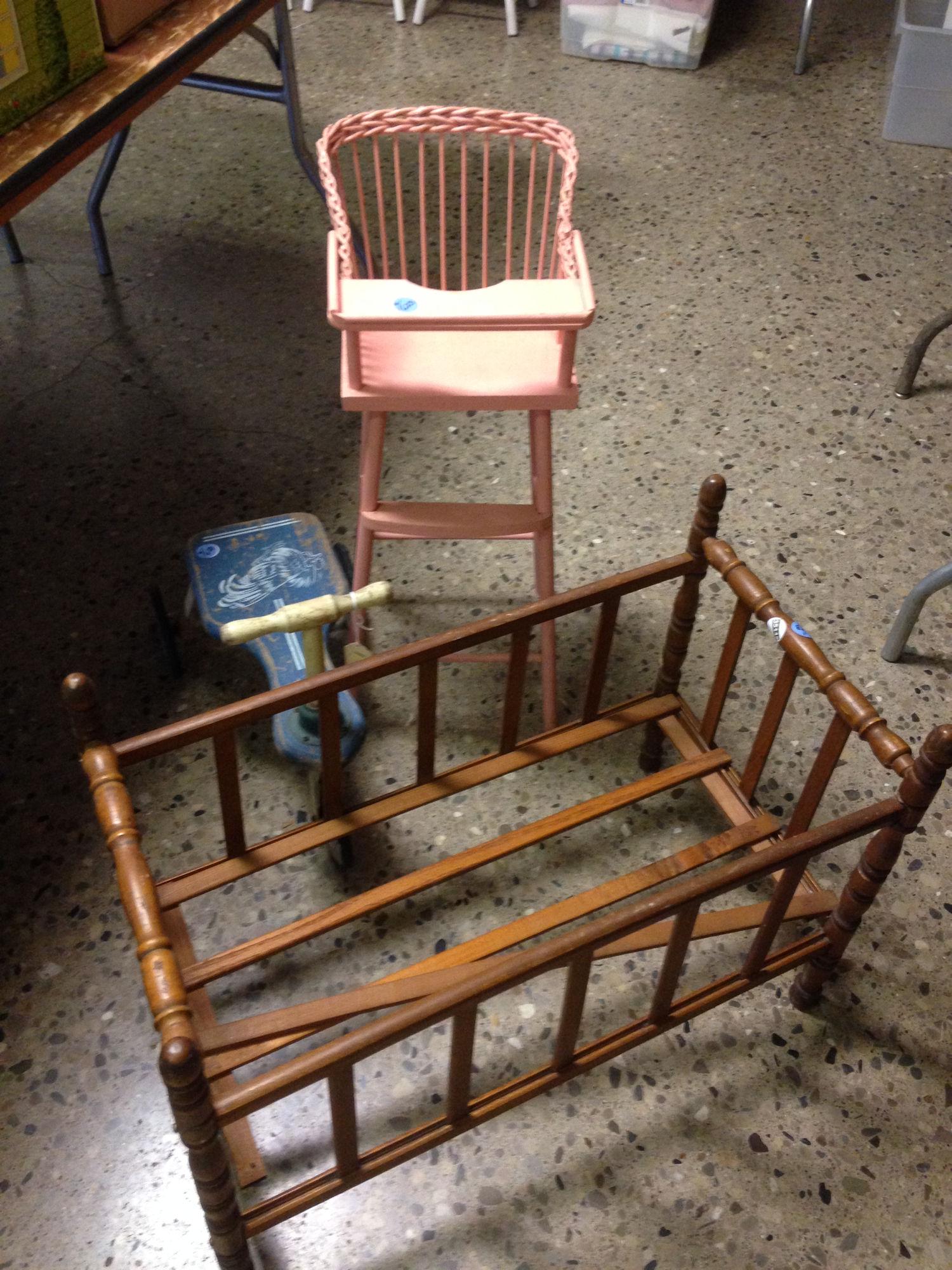 3 TOYS INCLUDING DOLL BED, HIGH CHAIR AND CHILDS RIDING (1 of 1)