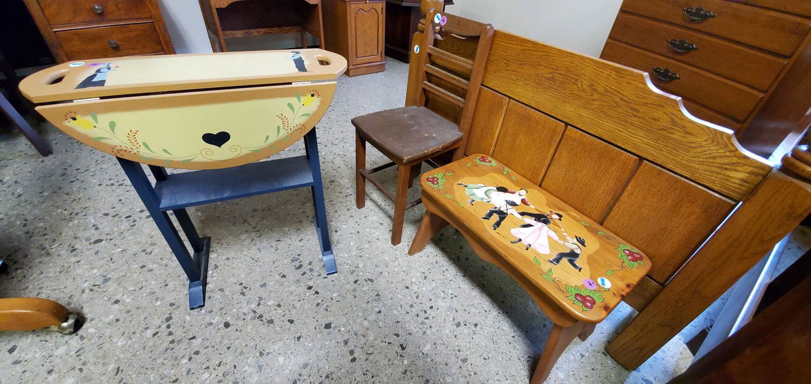 DROP LEAF TABLE, STOOL AND CHILD'S CHAIR (1 of 1)