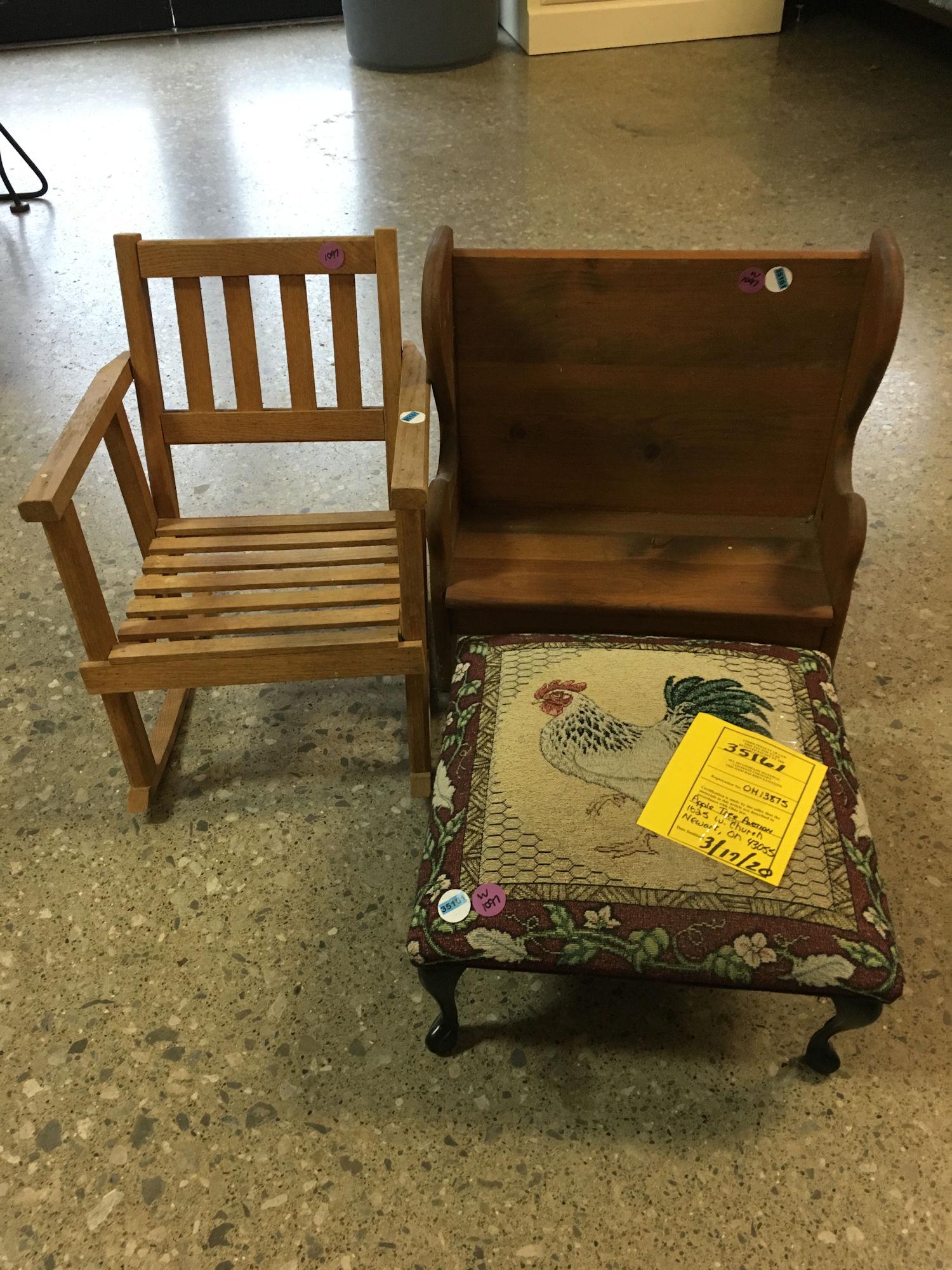 CHILDS ROCKER, DOLL BENCH, ROOSTER FOOT STOOL (1 of 1)