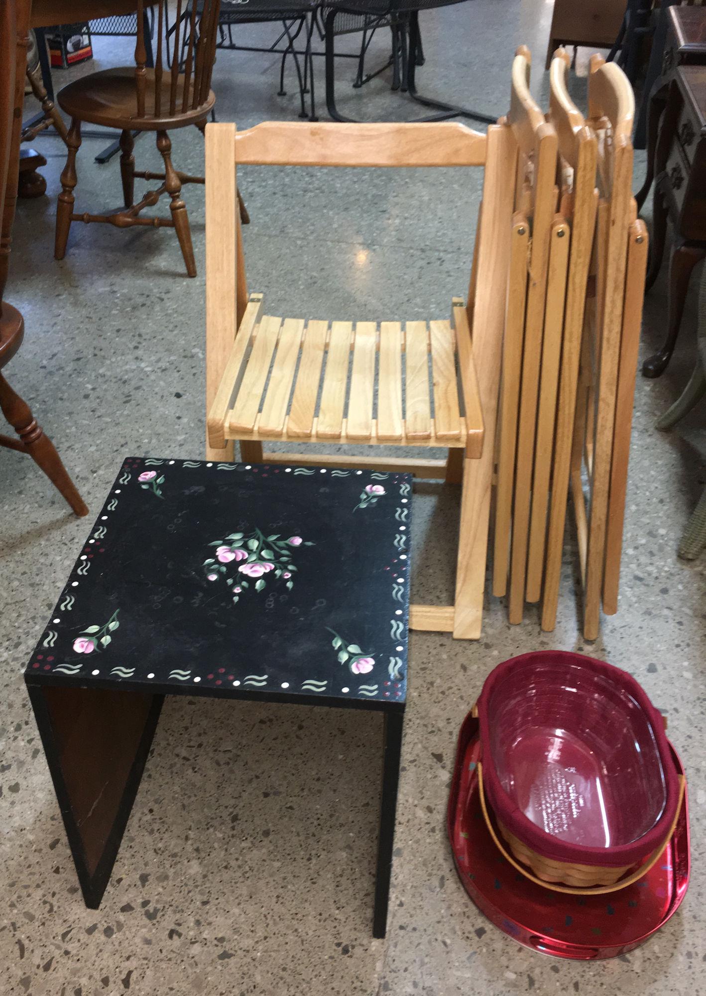 4 WOODEN FOLDING CHAIRS, LONGABERGER BASKET WITH TRAY (1 of 4)