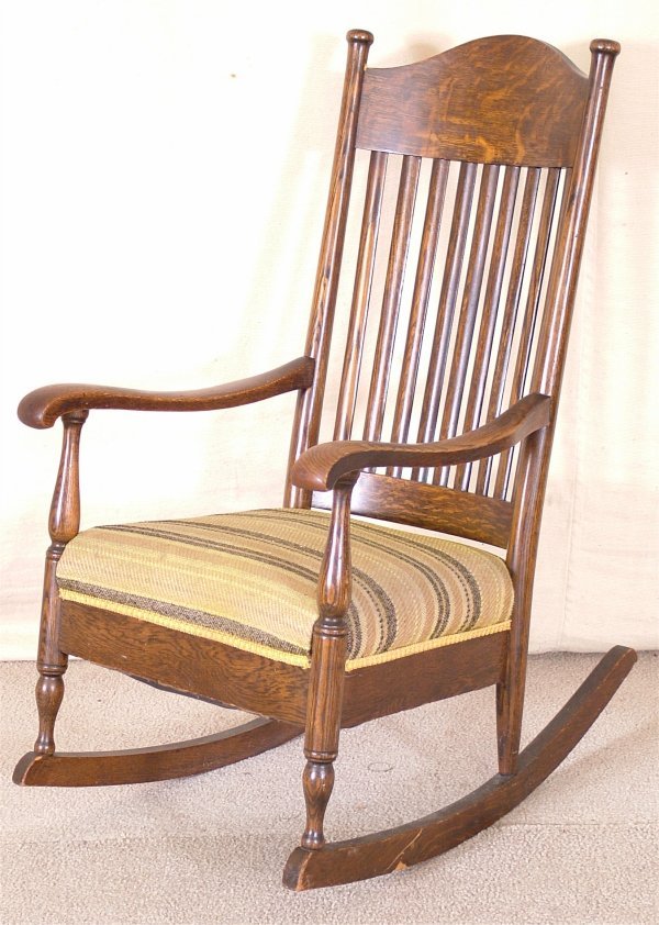 OAK SLATBACK OPEN ARM ROCKING CHAIR W/UPHOLS SEAT