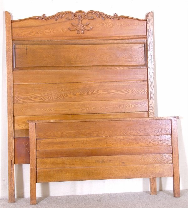 OAK FULL SIZE HIGHBACK BED W/APPLIED CARVING 57"W