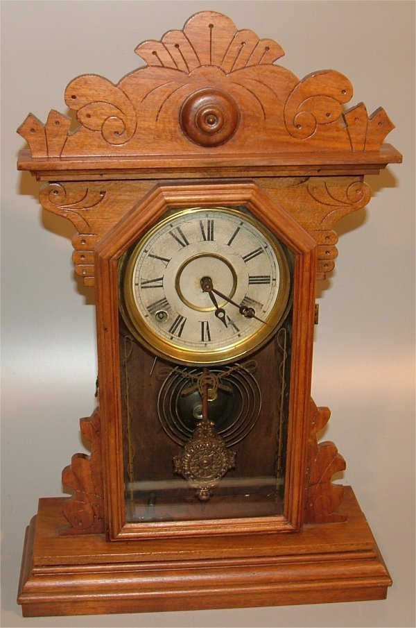 SMUGGLER WALNUT EASTLAKE MANTEL CLOCK, DECORATED