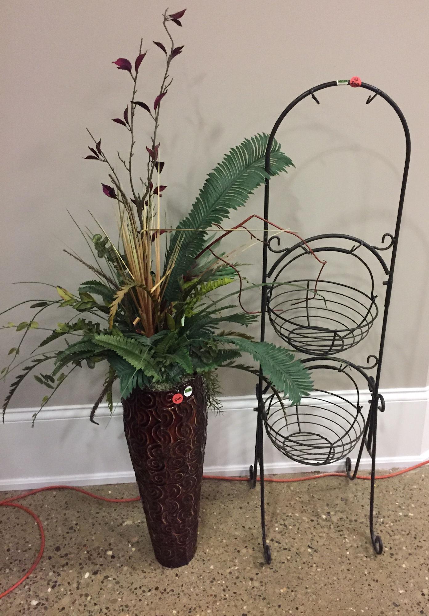 METAL PLANTER WITH FAKE FLOWERS AND METAL 2 BASKET (1 of 1)