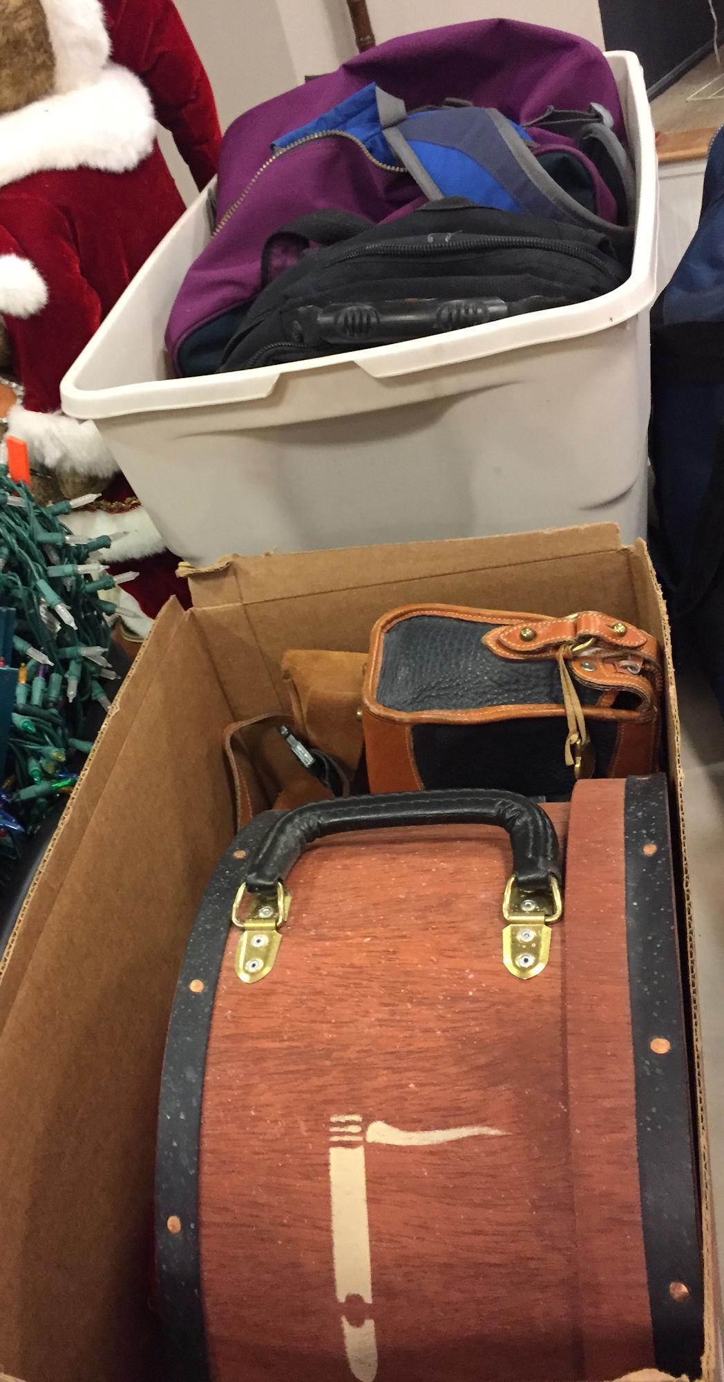 2 BOX LOTS WOODEN TOTE AND MISC BACKPACKS (1 of 3)