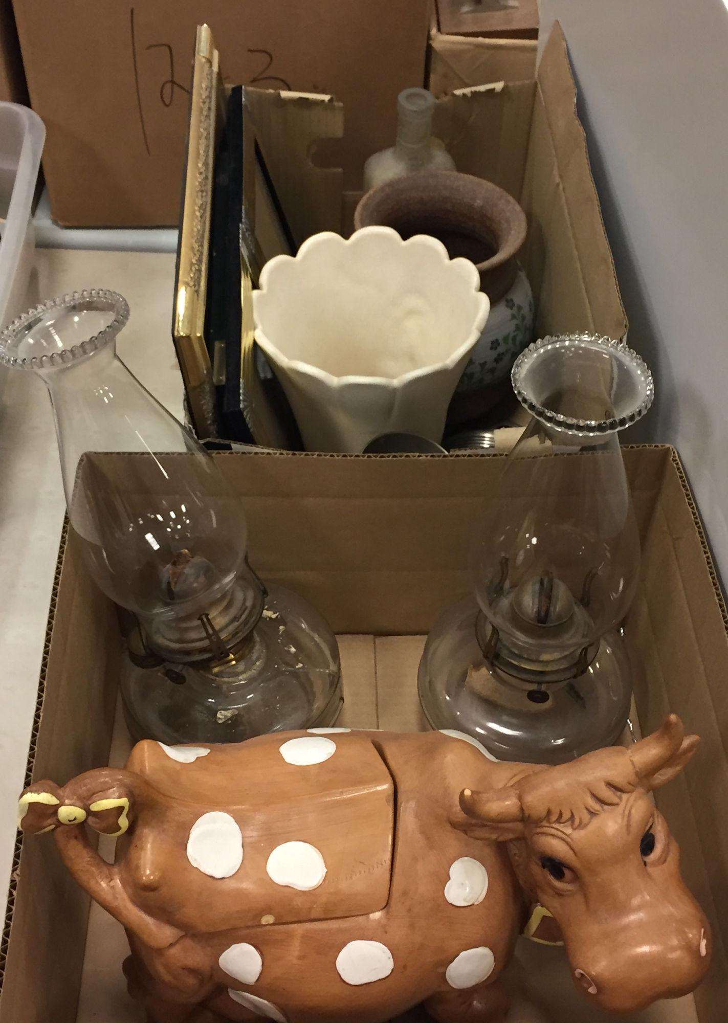 2 BOX LOTS OIL LAMPS, COOKIE JAR, DECANTERS (1 of 3)