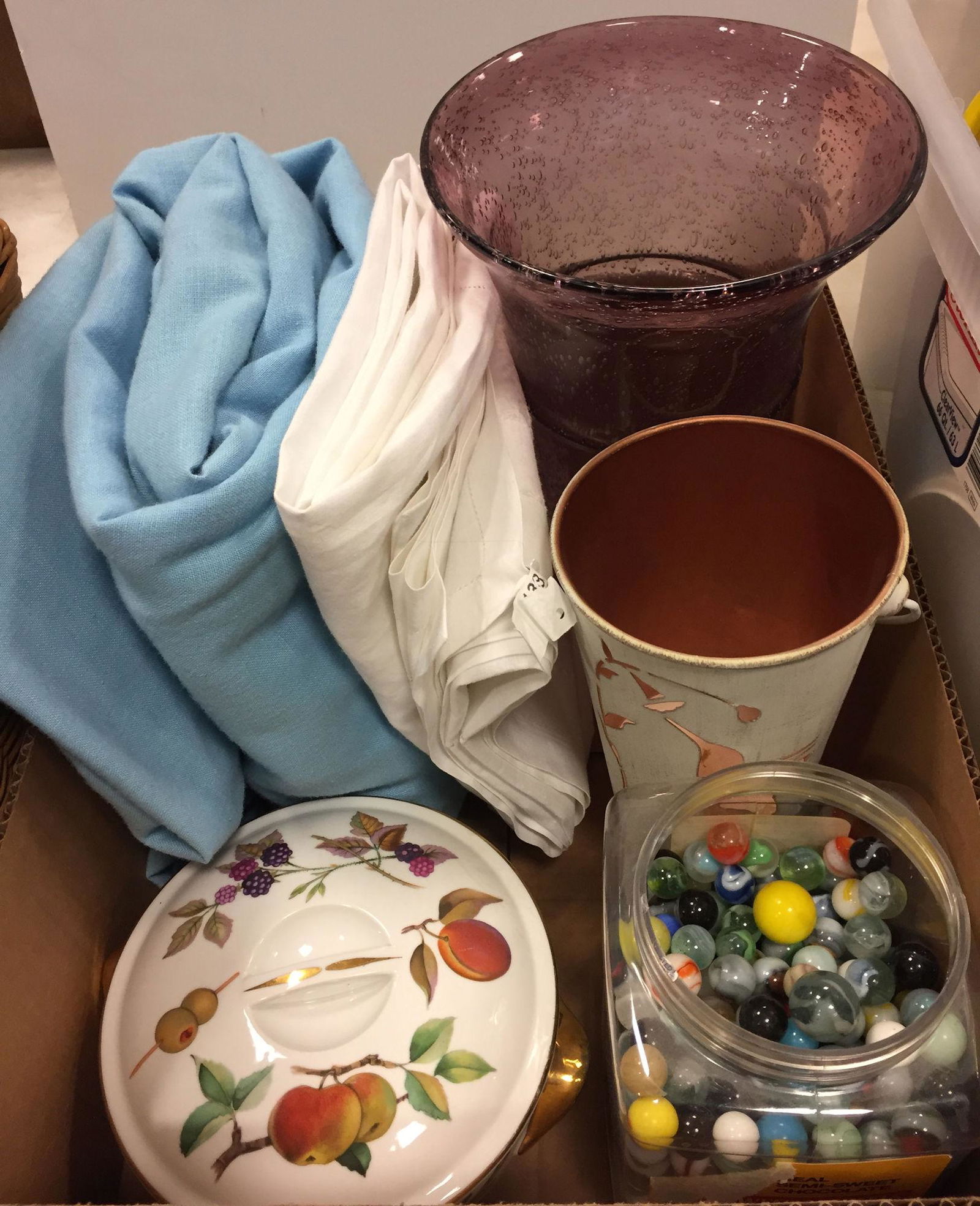BOX LOT TABLE CLOTH, VASES, MARBLES (1 of 1)