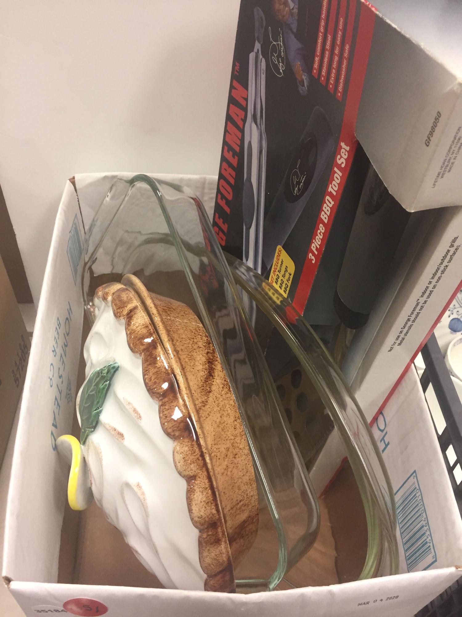 BOX LOT PYREX DISHES, GEORGE FOREMAN BBQ TOOL SET (1 of 2)
