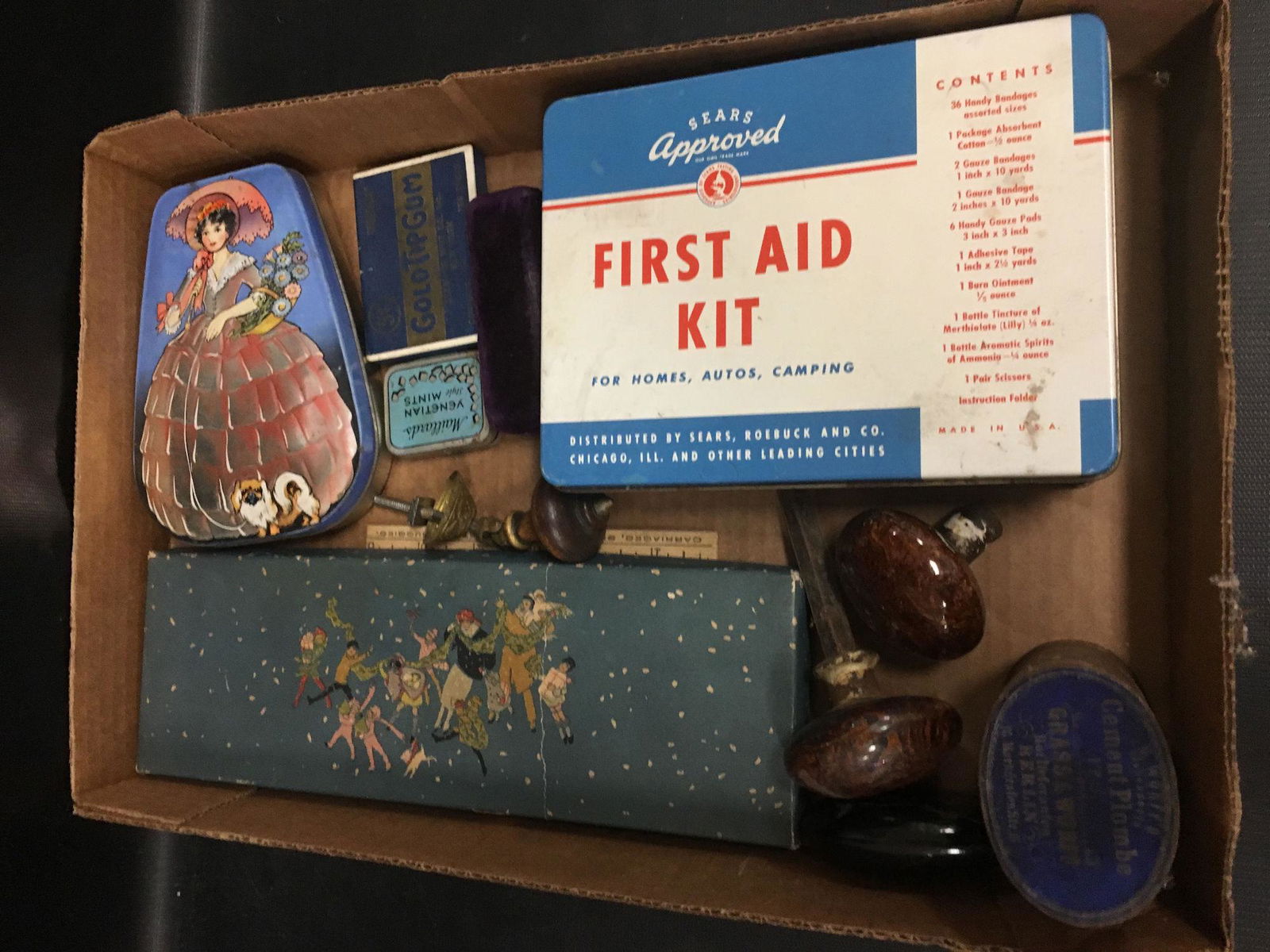 BOX LOT ADVERTISING ITEMS INCLUDING SEARS FIRST AID KIT: BOX LOT ADVERTISING ITEMS INCLUDING SEARS FIRST AID KIT