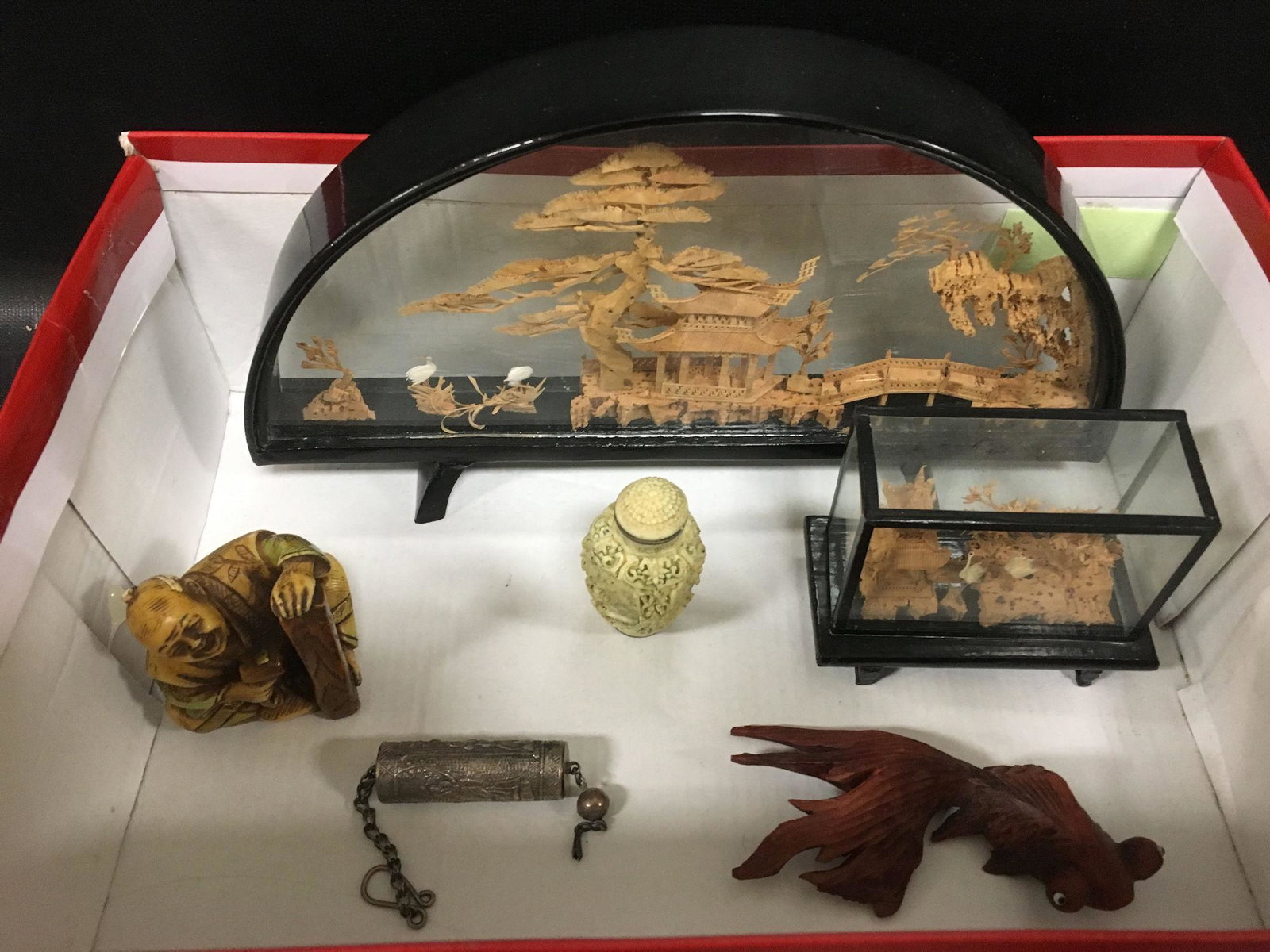 BOX LOT ASIAN ITEMS INCLUDING CORK DIORAMAS, STONE: BOX LOT ASIAN ITEMS INCLUDING CORK DIORAMAS, STONE CARVED FIGURE AND SNUFF BOTTLE