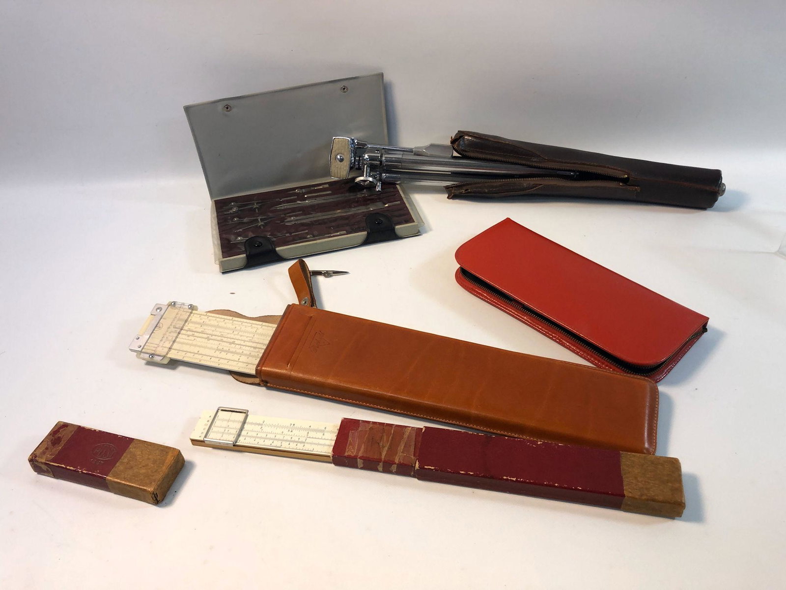 BOX LOT OF DRAFTING TOOLS INCLUDING, ARCHITECT TOOLS,: BOX LOT OF DRAFTING TOOLS INCLUDING, ARCHITECT TOOLS, TRIPOD, AND MANICURE SET