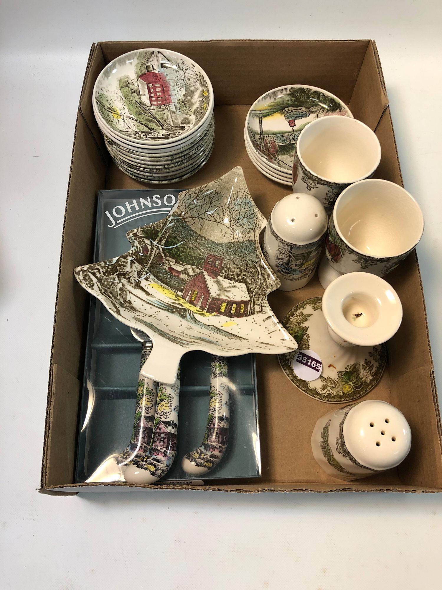 24 PCS. JOHNSON BROS. "FRIENDLY VILLAGE" CHINA: 24 PCS. JOHNSON BROS. "FRIENDLY VILLAGE" CHINA INCLUDING EGG CUPS, SALT AND PEPPER SHAKERS, COASTER SET, AND CANDLESTICK.