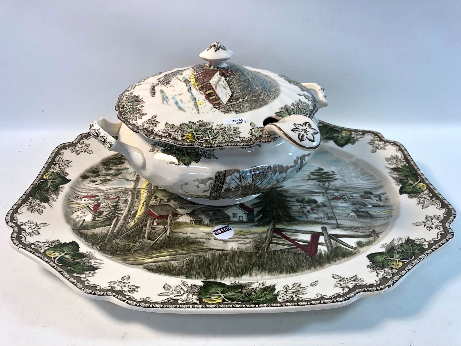 2 PCS. JOHNSON BROS. "FRIENDLY VILLAGE" CHINA INCLUDING: 2 PCS. JOHNSON BROS. "FRIENDLY VILLAGE" CHINA INCLUDING 20" PLATTER AND COVERED TUREEN W/LADLE.
