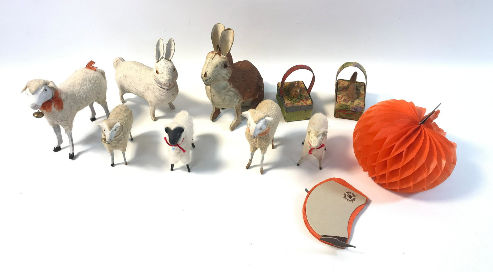 BOX LOT INCLUDING PAPER MACHE CANDY CONTAINERS AND: BOX LOT INCLUDING PAPER MACHE CANDY CONTAINERS AND CRATE PAPER PUMPKIN