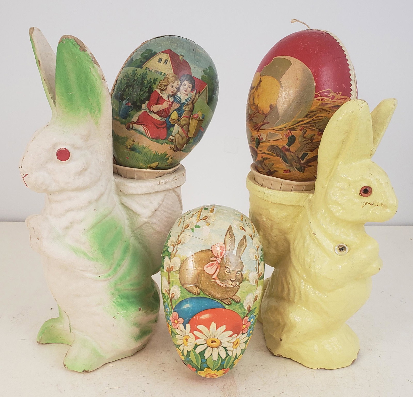 BOX LOT (2) PAPER MACHE EASTER RABBIT CANDY CONTAINERS: BOX LOT (2) PAPER MACHE EASTER RABBIT CANDY CONTAINERS AND (3) GERMAN PAPER EASTER EGG CANDY CONTAINERS