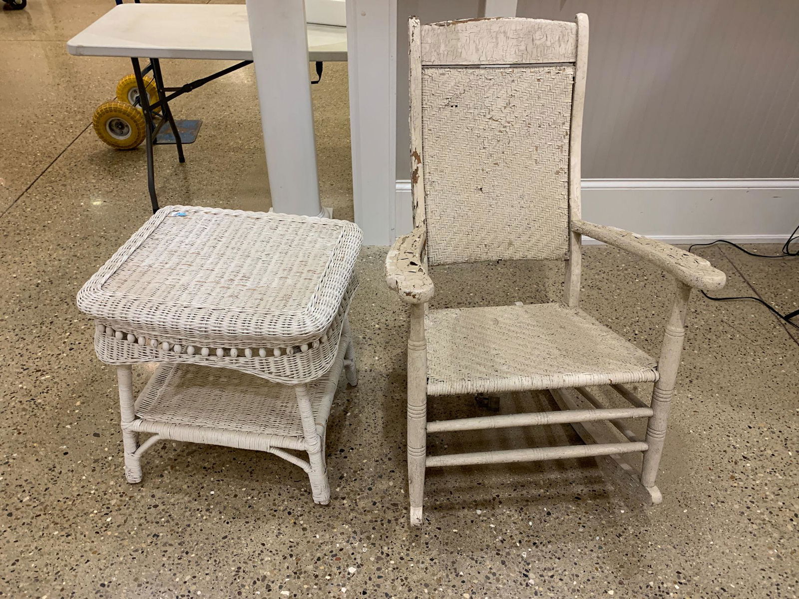2 PIECES WHITE PAINTED FURNITURE INCLUDING WICKER STAND (1 of 6)