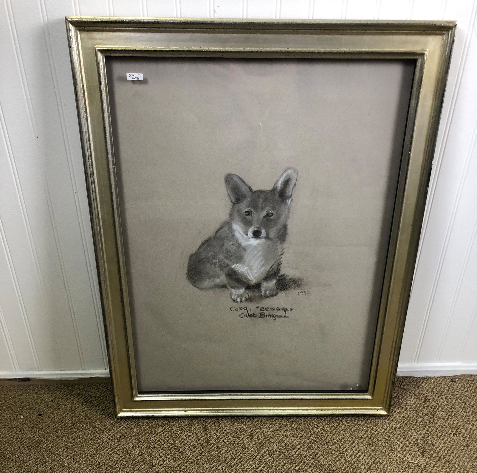 ATTRIBUTED TO TASHA TUDOR (1915-2008) CHARCOAL SKETCH: ATTRIBUTED TO TASHA TUDOR (1915-2008) CHARCOAL SKETCH "CORGI TEENAGER". DATED 1993. IMAGE SIZE 19" X 24.5"